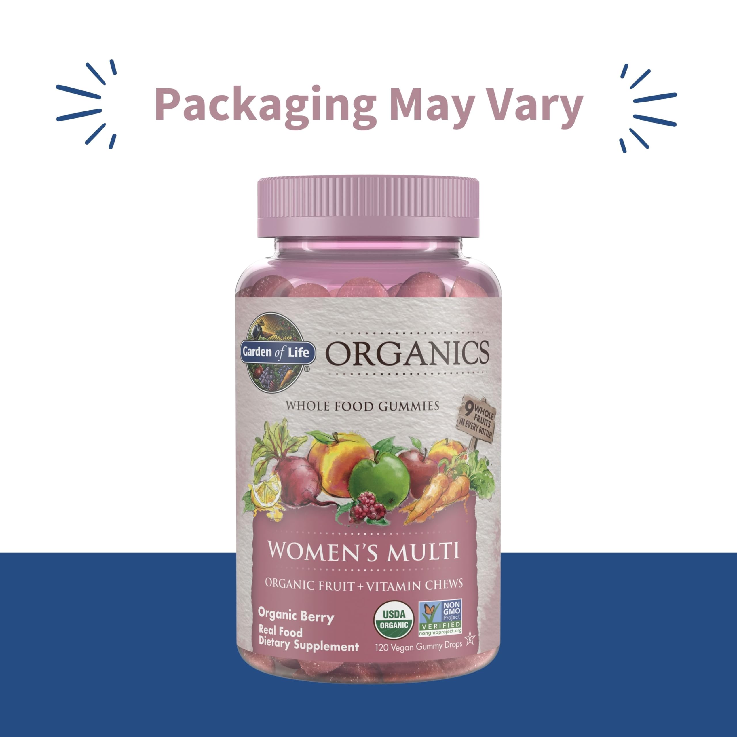 Garden of Life Organics Mujeres Gummies, etiqueta natural que resalta ingredientes orgánicos