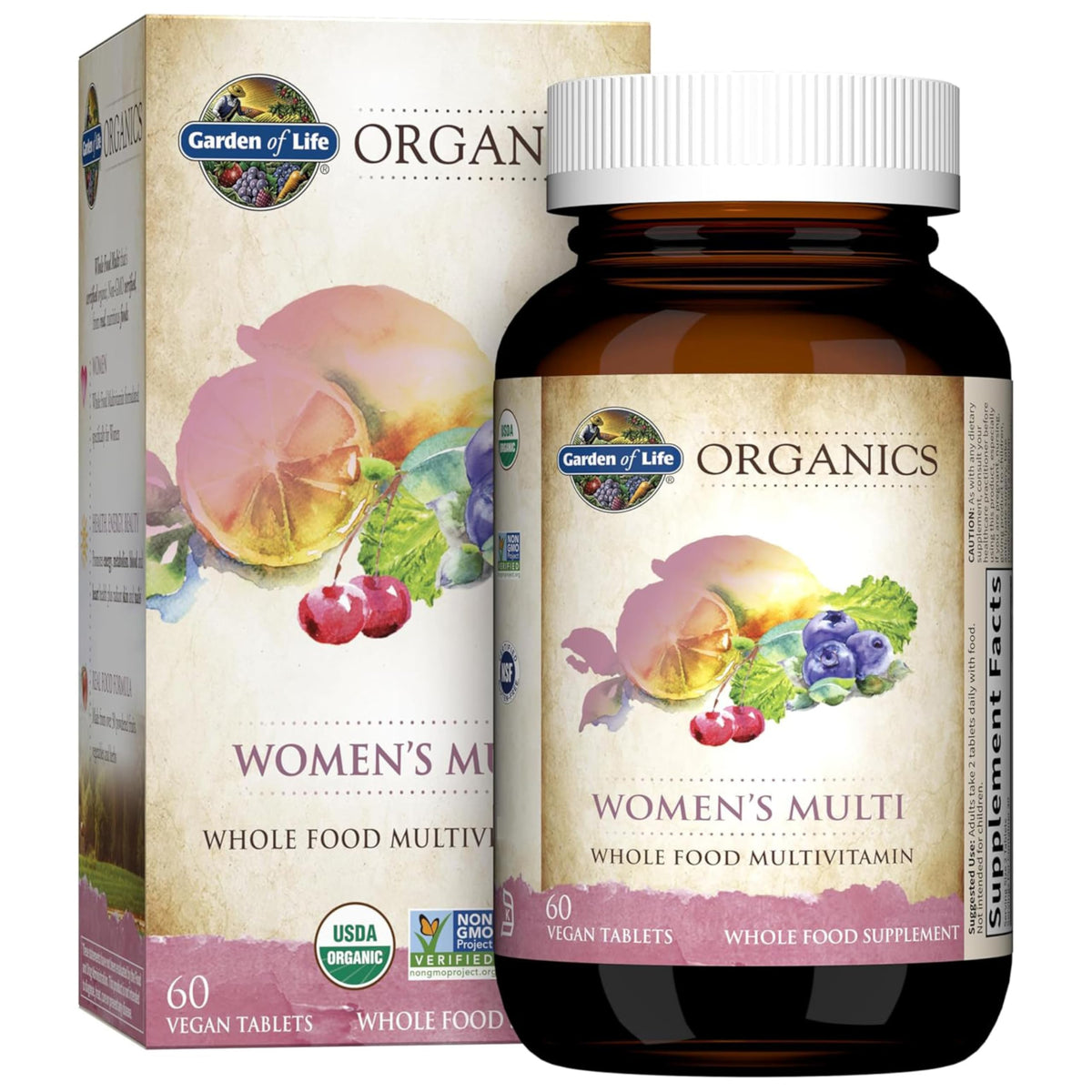 Garden of Life Organics Mujeres Multi: botella frontal con etiqueta orgánica para energía diaria.