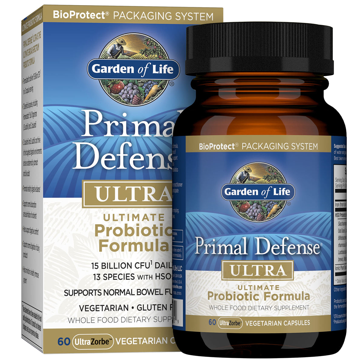Garden of Life Primal Defense Ultra, bote de cápsulas, apoya digestión equilibrada diaria.