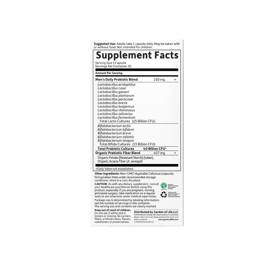 Etiqueta frontal de Garden of Life Probiotics para Hombres, sin alérgenos.