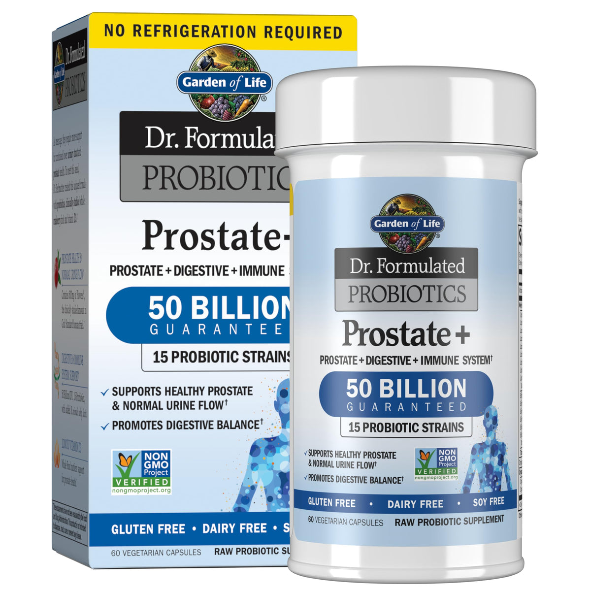 Garden of Life Prostate+ botella detalle: etiqueta que resalta 50 mil millones CFU y 15 probióticos