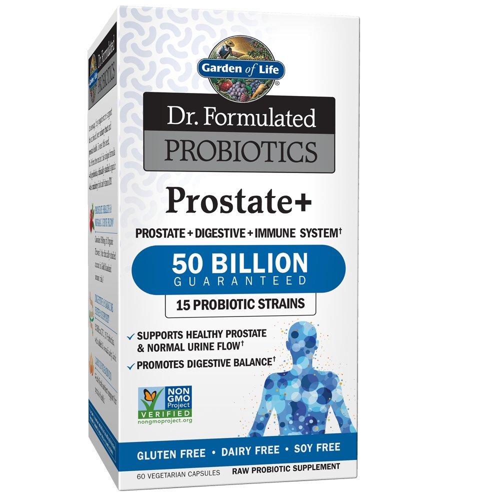 Garden of Life Prostate+ botella con dosis diaria para salud digestiva y próstata.