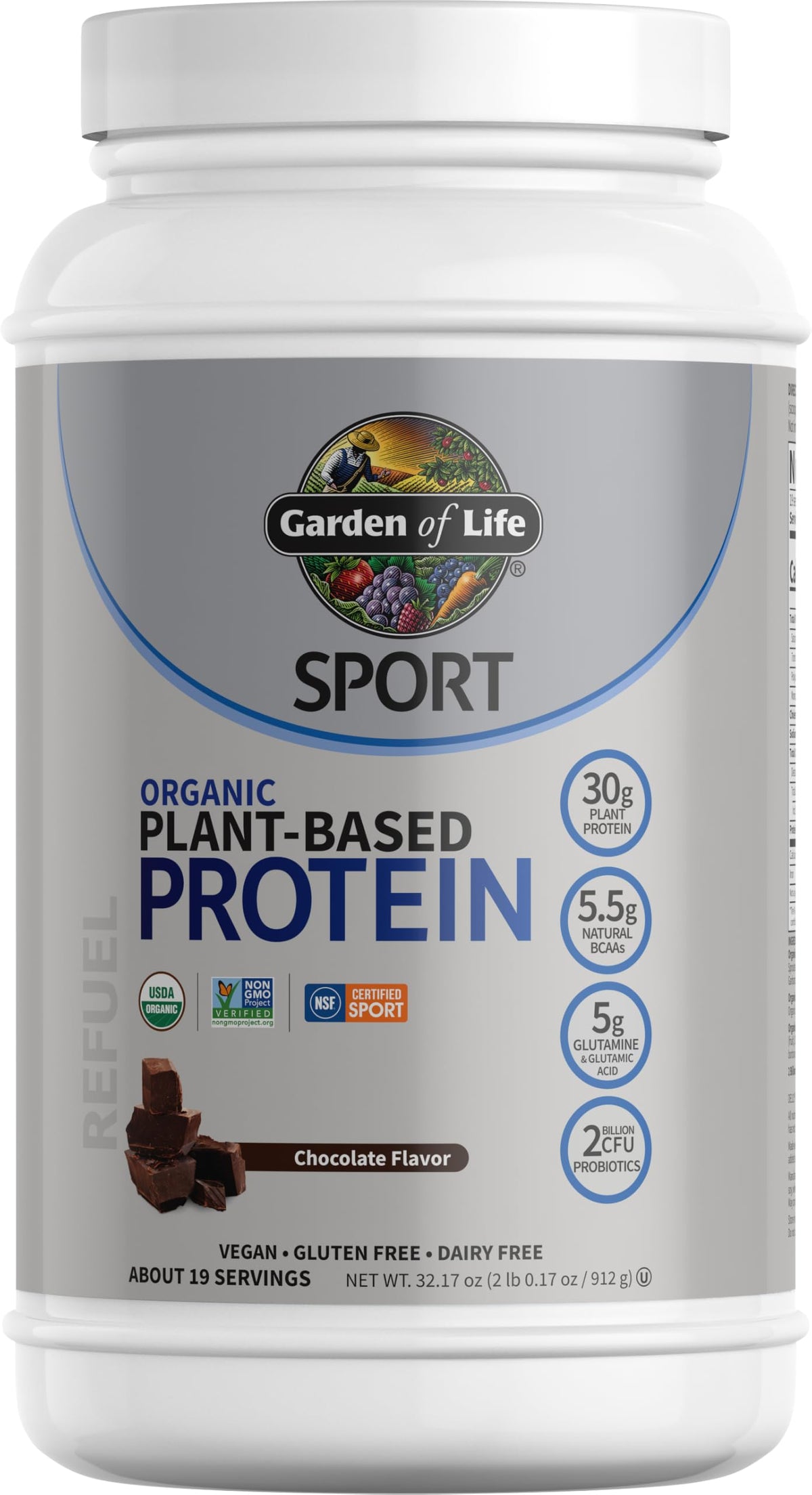 Proteína vegana orgánica Garden of Life en bote, textura suave para entrenamiento