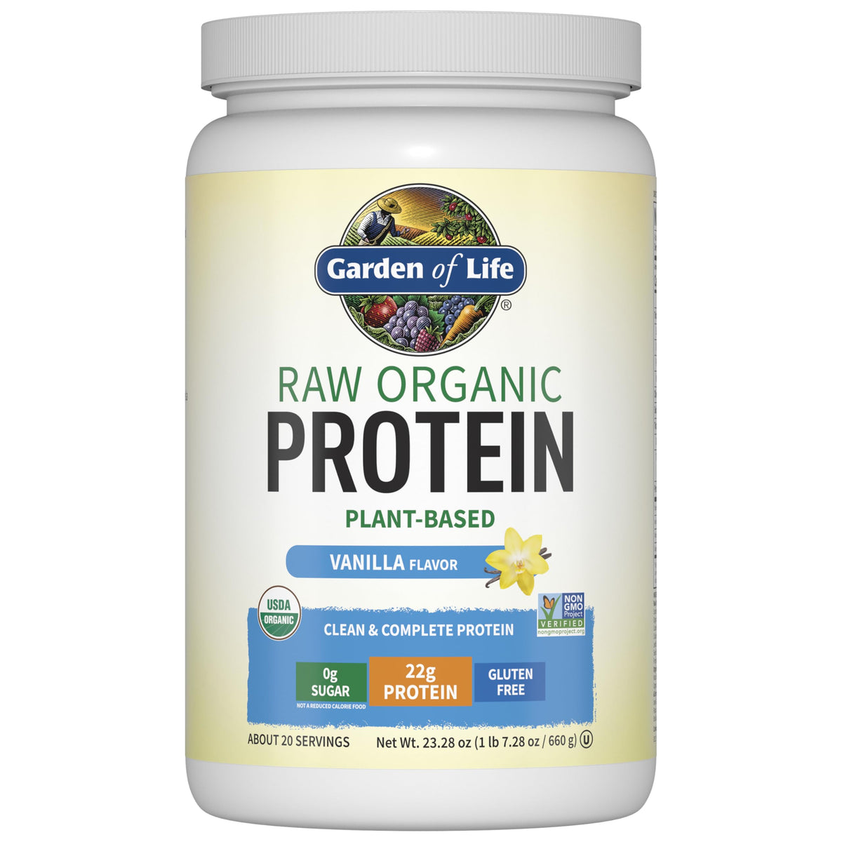 Garden of Life Proteína Vegana Vanilla; textura suave para batidos post-entrenamiento.
