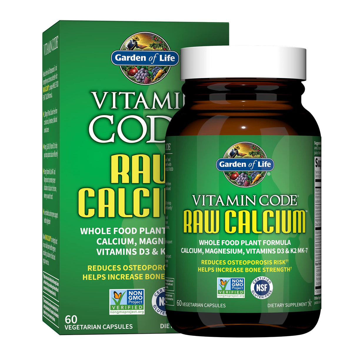 Garden of Life Raw Calcium, botella frontal, calcio vegetal para huesos fuertes.