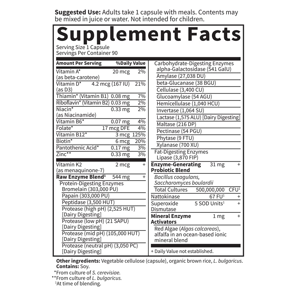 Garden of Life RAW Enzymes, hecho en EEUU, envasado para uso diario.