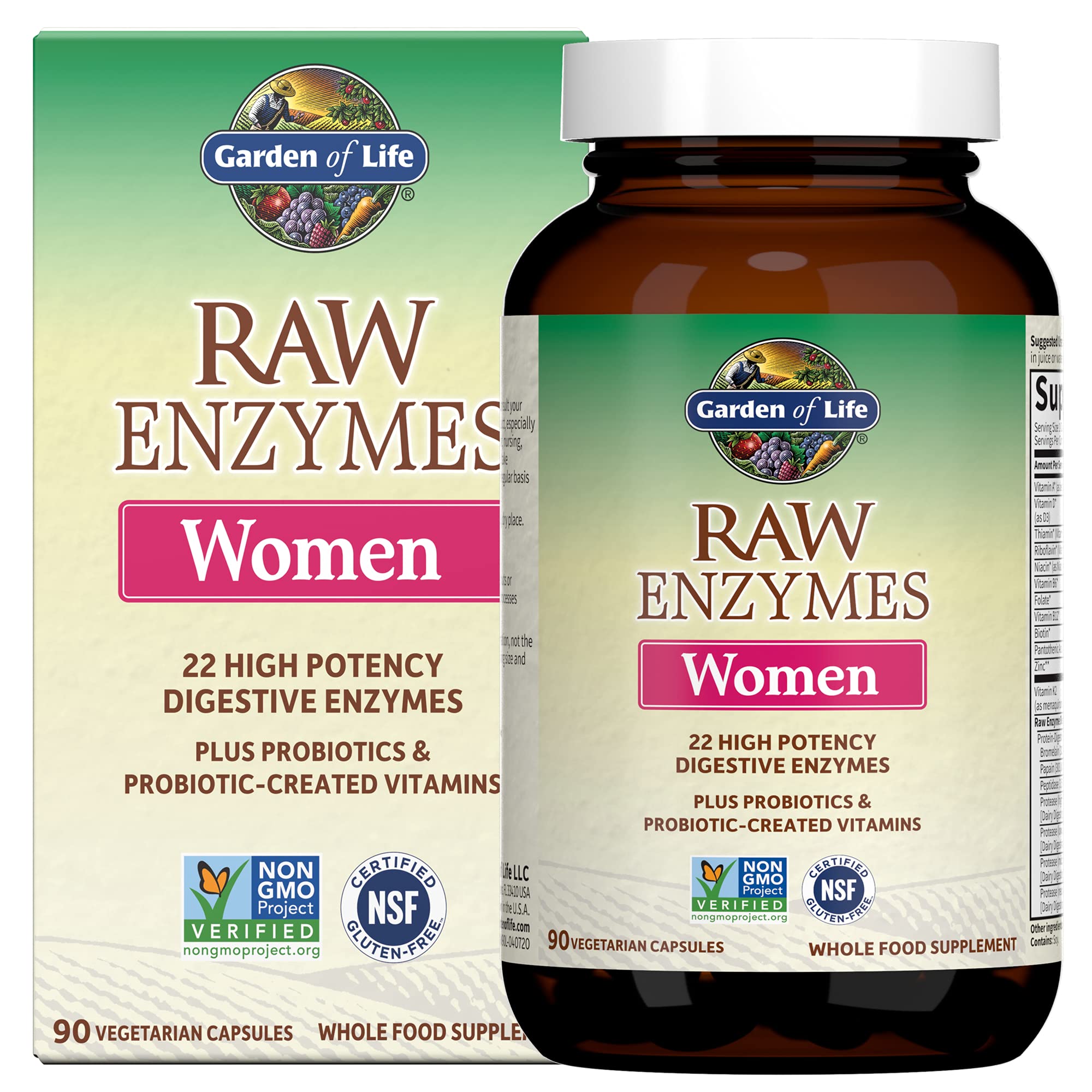 Garden of Life RAW Enzimas para mujeres, frasco vertido, apoyo digestivo natural durante la comida.