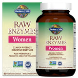 Garden of Life RAW Enzimas para mujeres, frasco vertido, apoyo digestivo natural durante la comida.