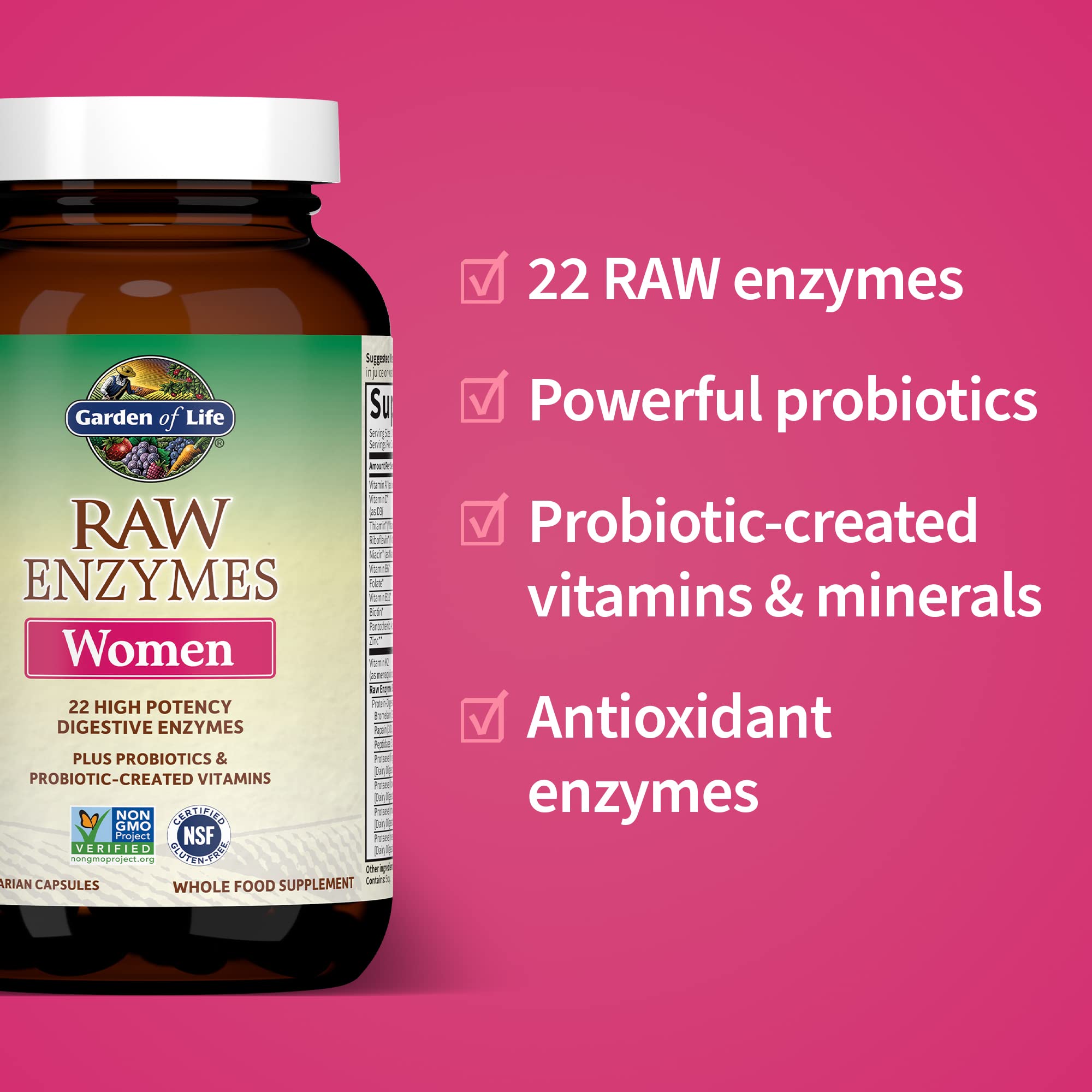 Garden of Life RAW Enzymes, sin gluten y vegetariano, ideal para dietas a base de plantas.