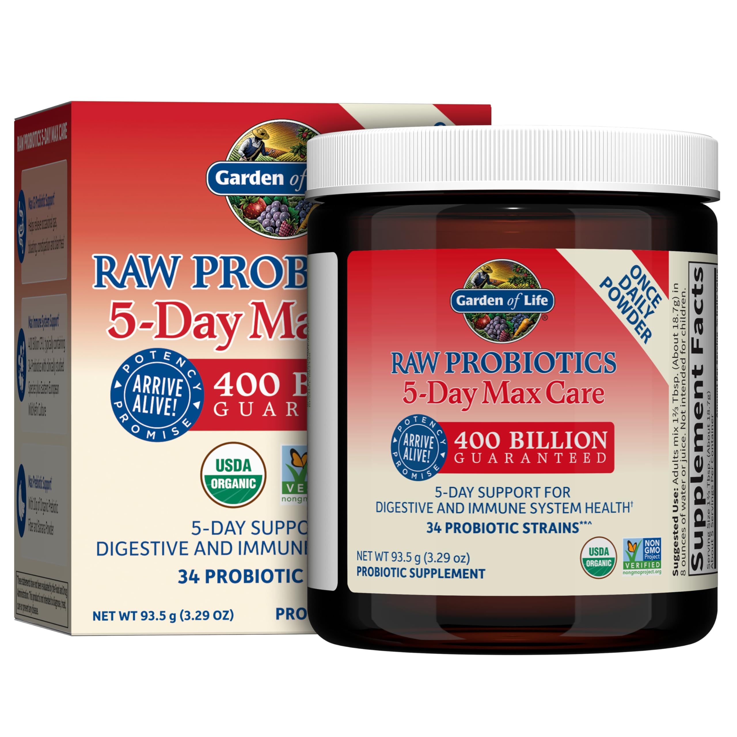 Garden of Life Raw Probiotics 5-Day Max Care, bote de polvo, apoya la salud digestiva diaria