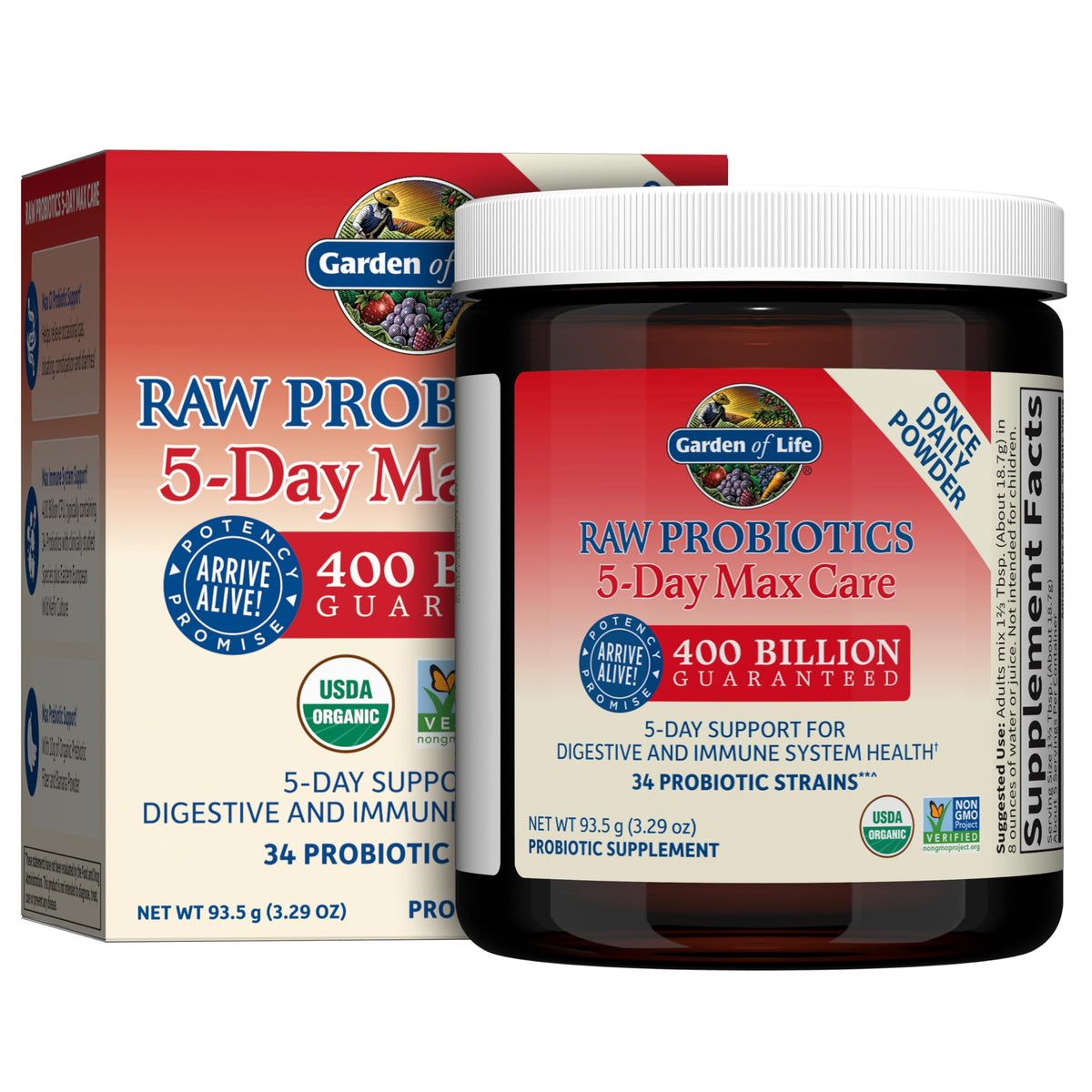 Garden of Life Raw Probiotics 5-Day Max Care, bote de polvo, apoya la salud digestiva diaria