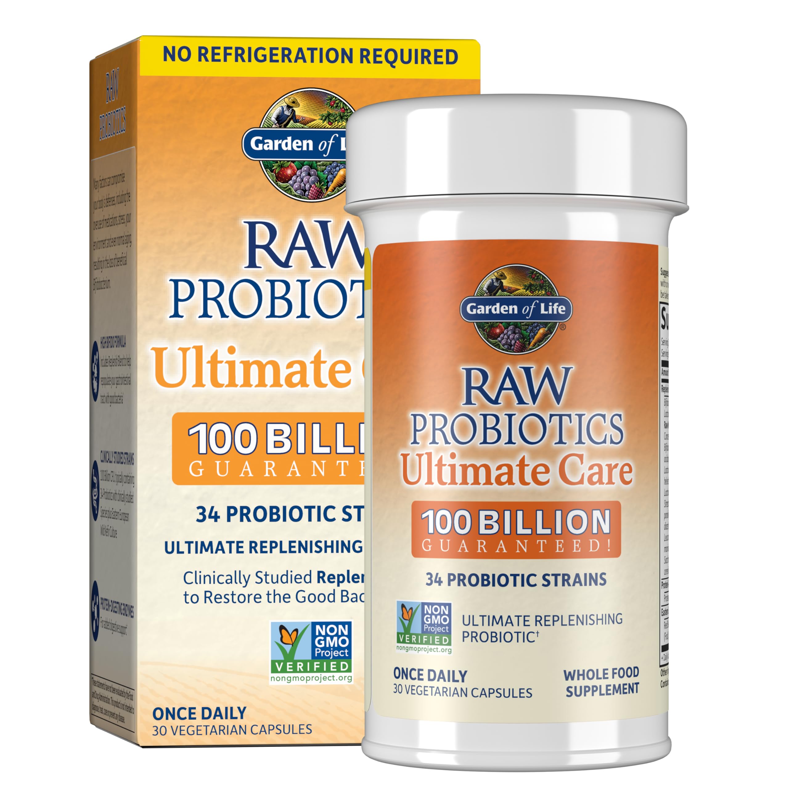 Garden of Life Raw Probiotics frasco y cápsulas en primer plano para bienestar digestivo