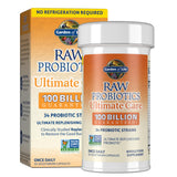 Garden of Life Raw Probiotics frasco y cápsulas en primer plano para bienestar digestivo