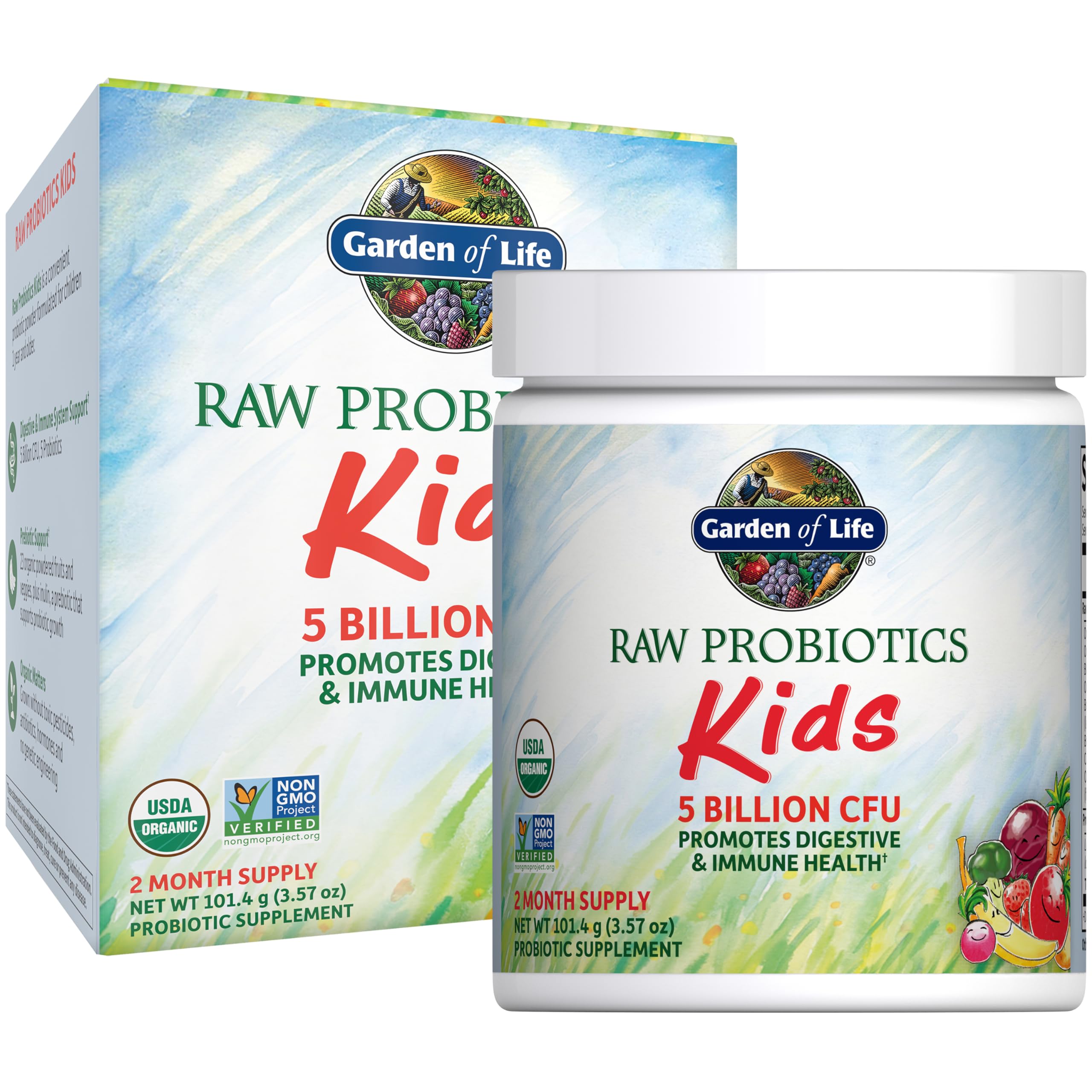 Garden of Life Raw Probiotics Kids, botella vertido, fácil de añadir a bebidas diarias.