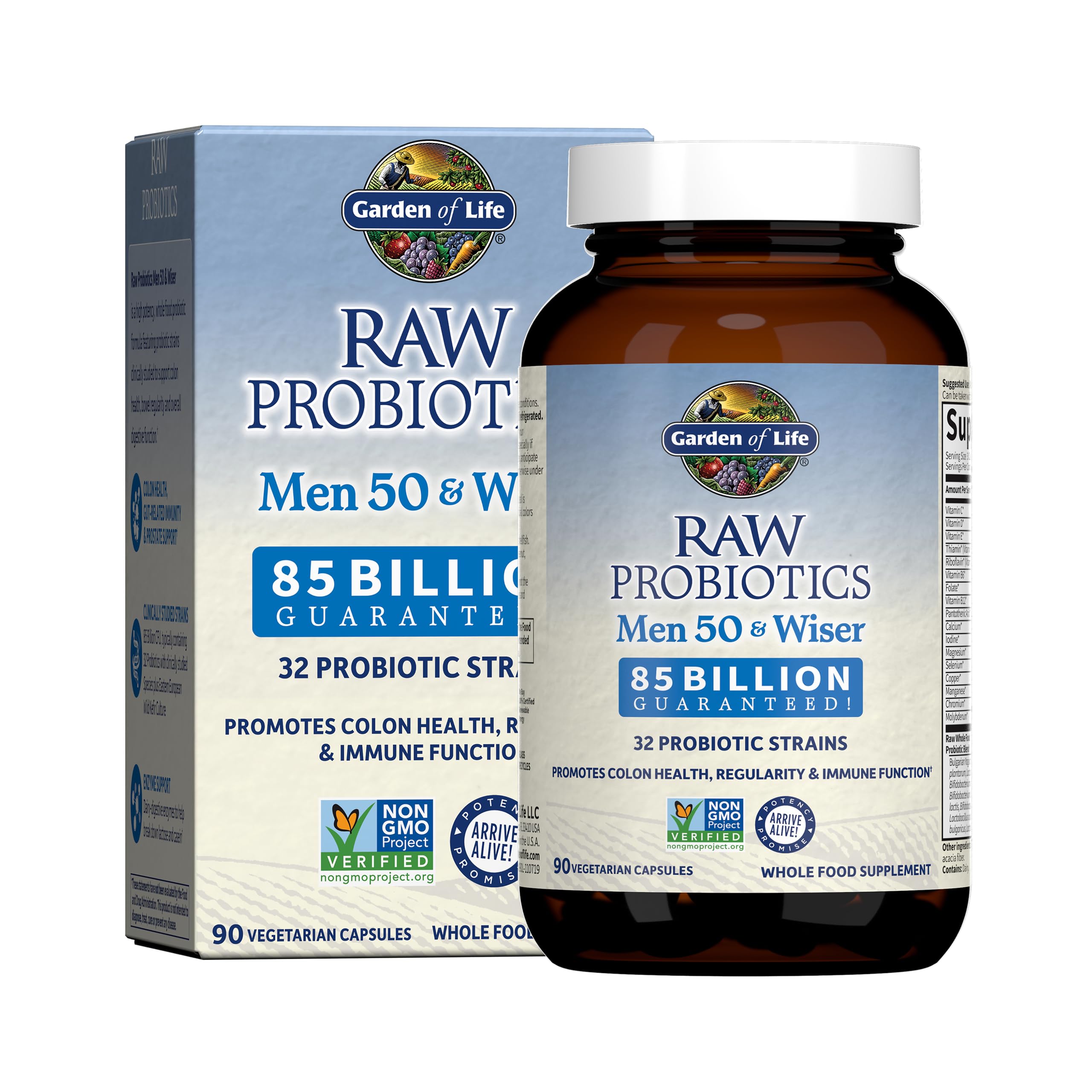 Garden of Life Raw Probiotics Men 50 & Wiser, bote frontal, apoyo digestivo diario.