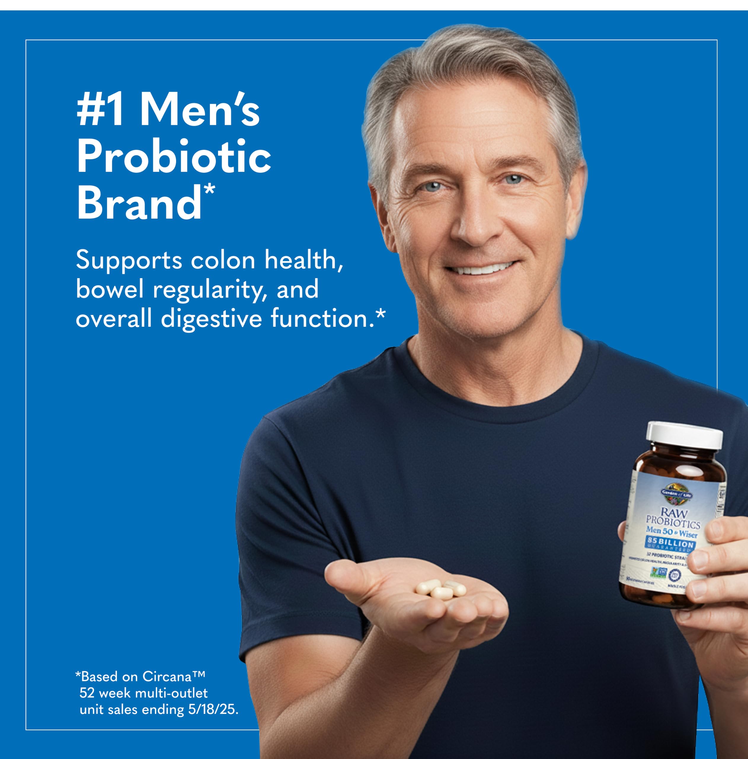 Garden of Life Raw Probiotics Men 50 & Wiser, cápsulas vegetarianas, fácil consumo diario.