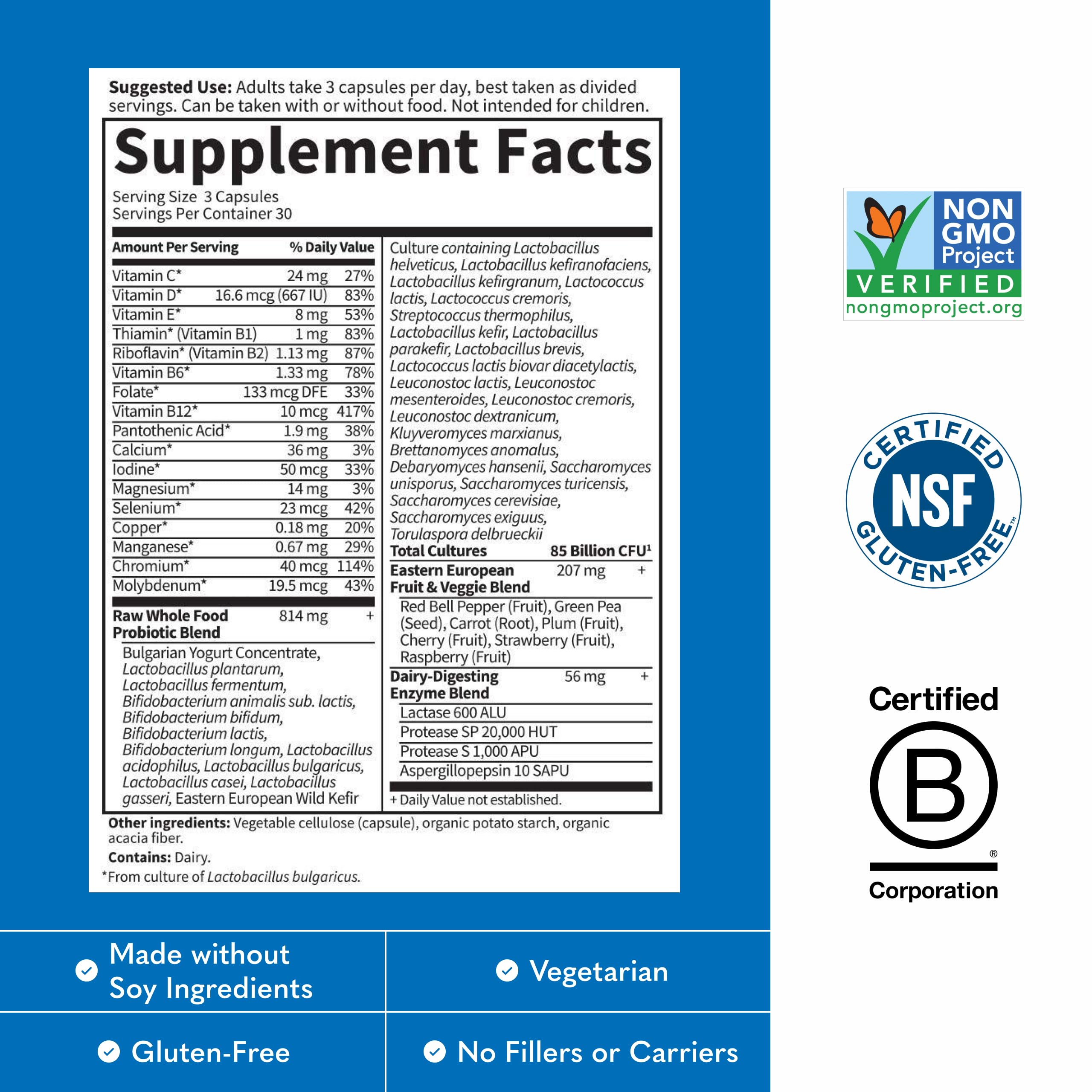 Garden of Life Raw Probiotics Men 50 & Wiser, etiqueta nutricional clara, información transparente.
