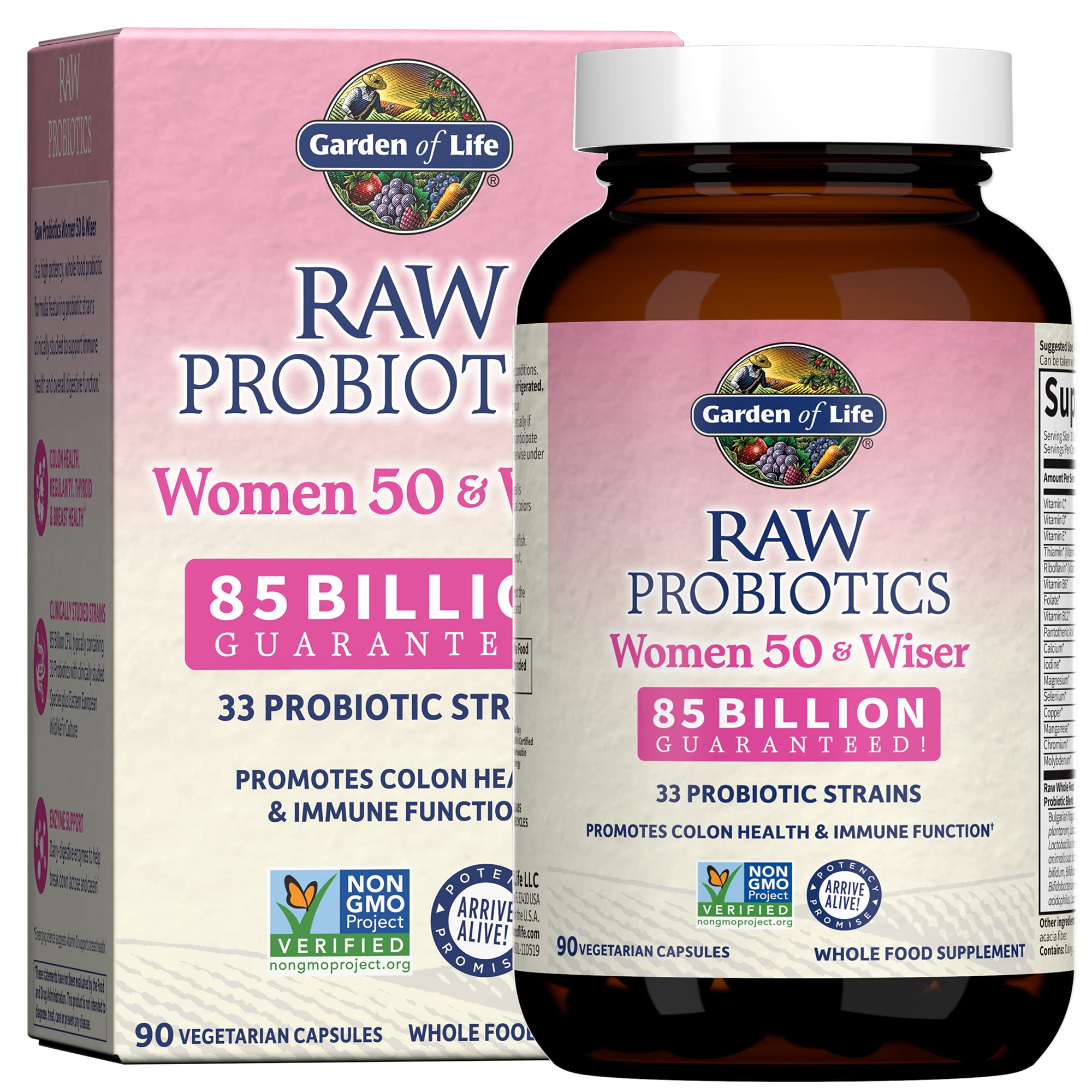 Garden of Life Raw Probióticos Mujeres 50 y Más Sabias: bote con cápsulas para salud intestinal