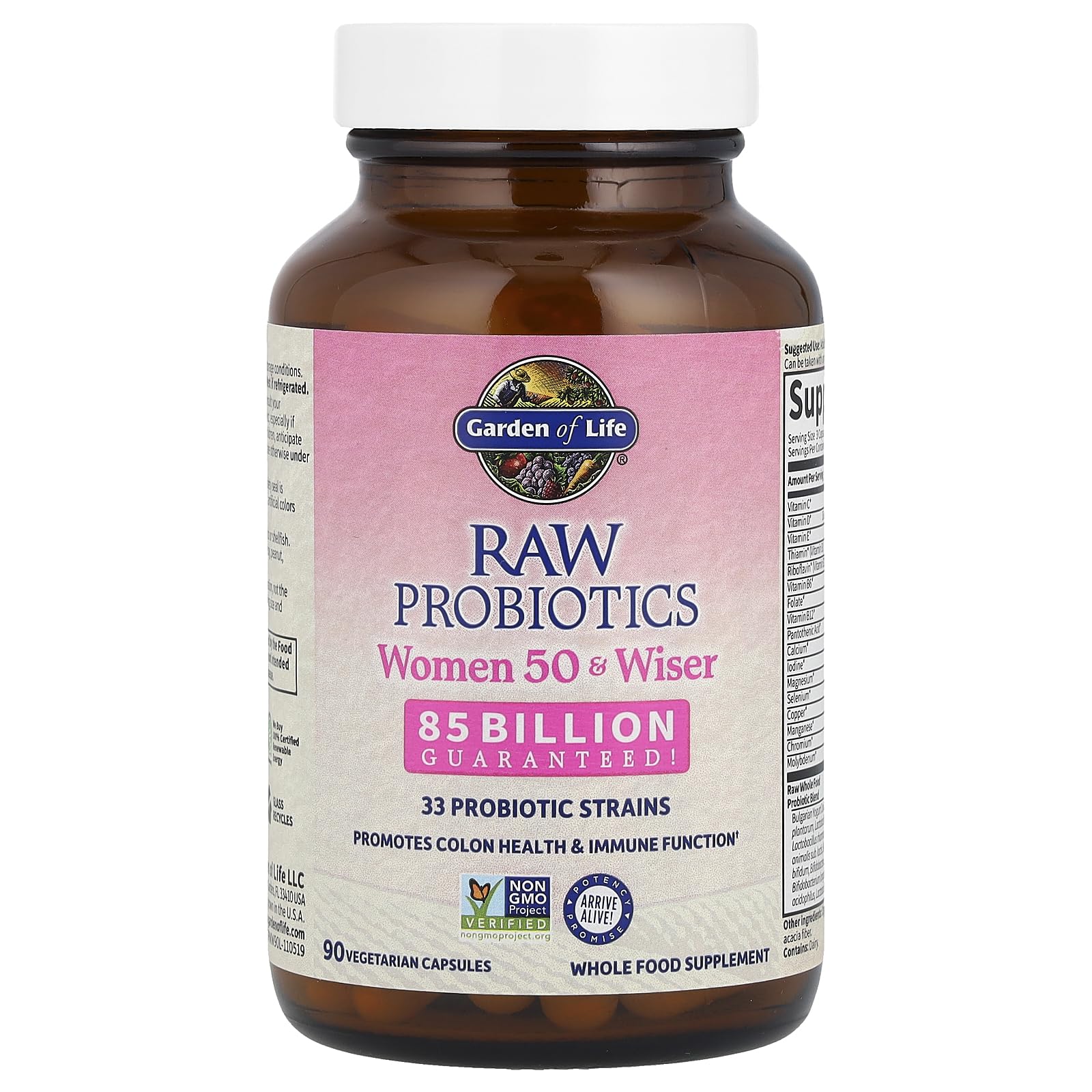 Garden of Life Raw Probióticos Mujeres 50 y Más Sabias: etiqueta que resalta cultivos activos