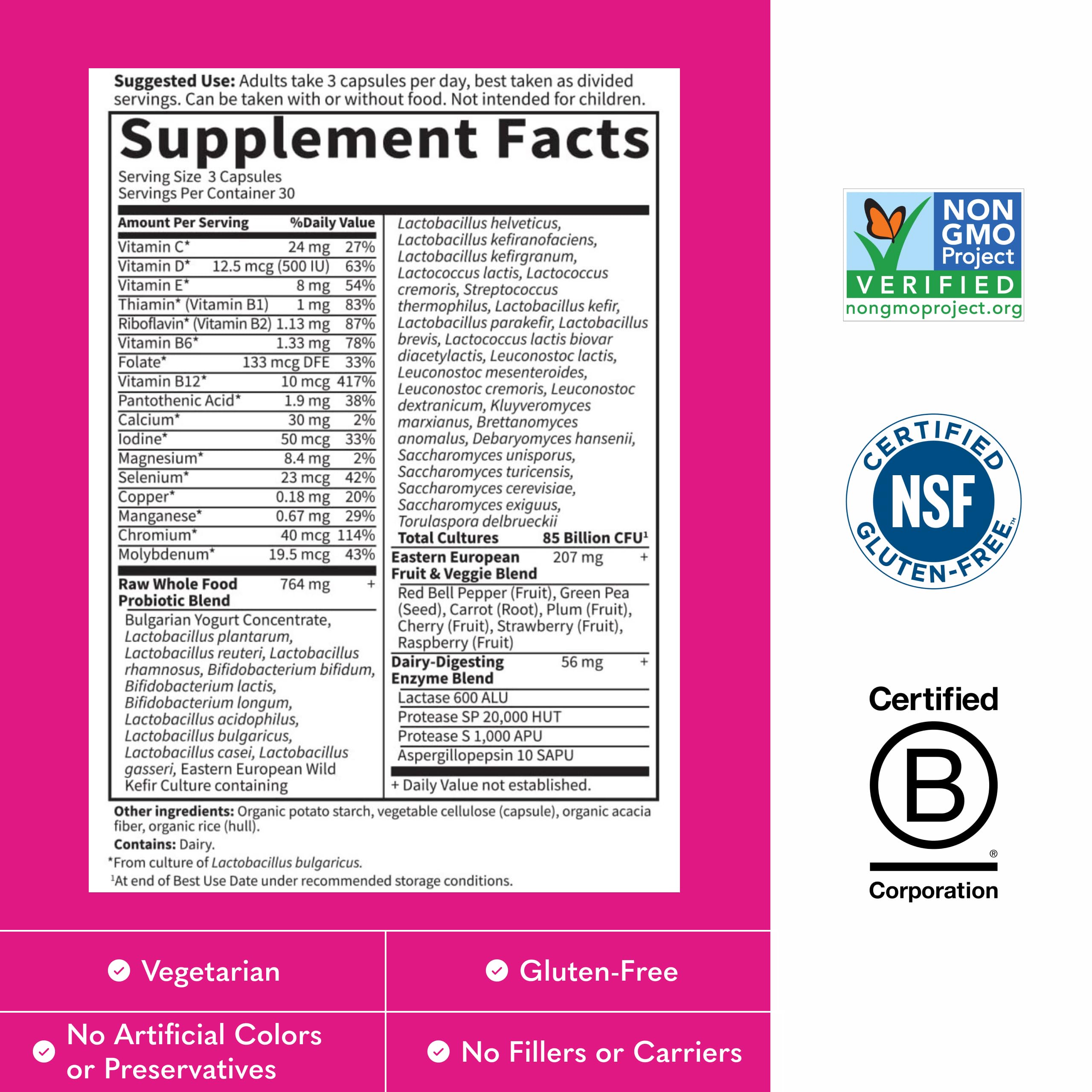 Garden of Life Raw Probiotics Women ingredientes de alimentos enteros.