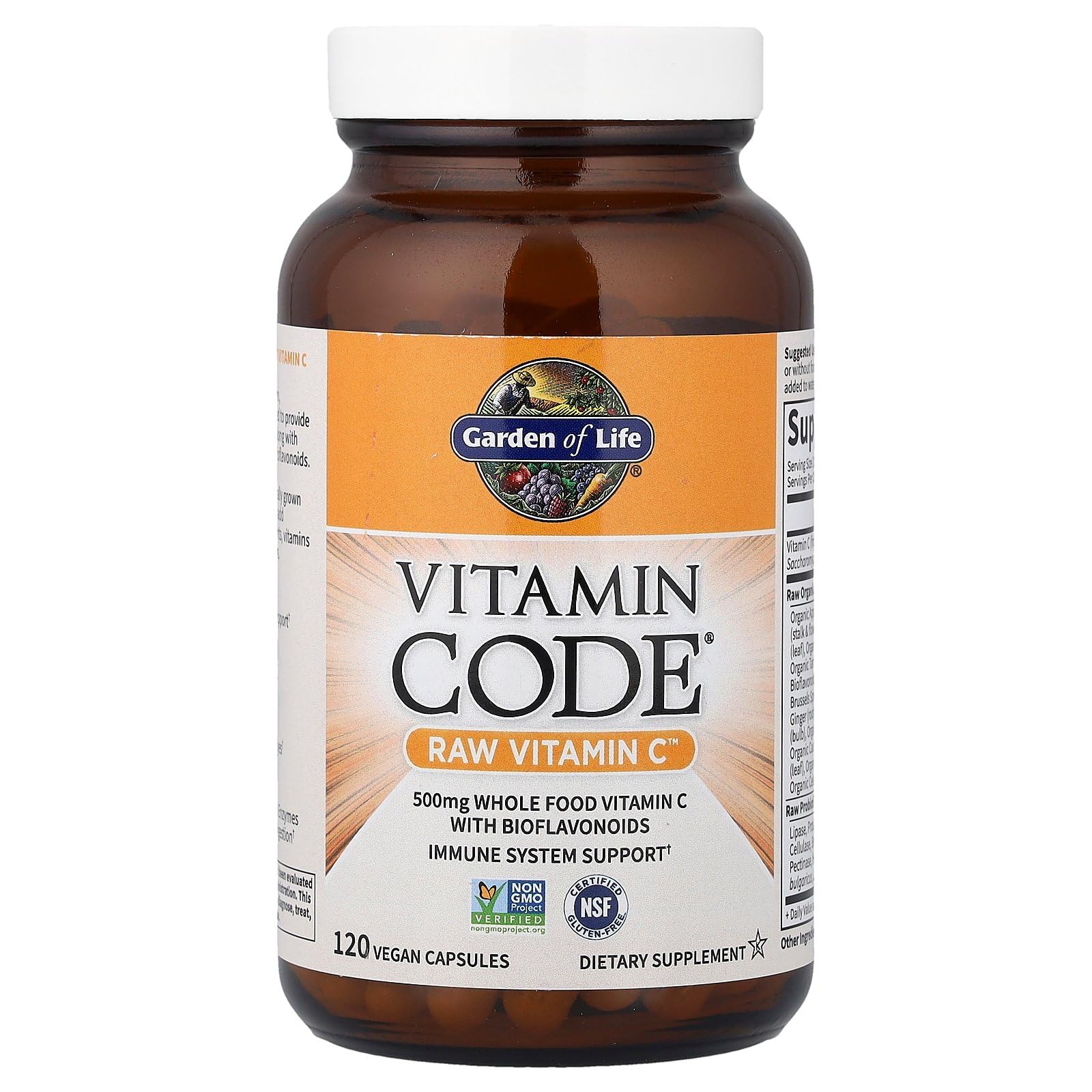 Garden of Life Vitamin Code Raw Vitamin C: etiqueta frontal destaca bioflavonoides y crudo