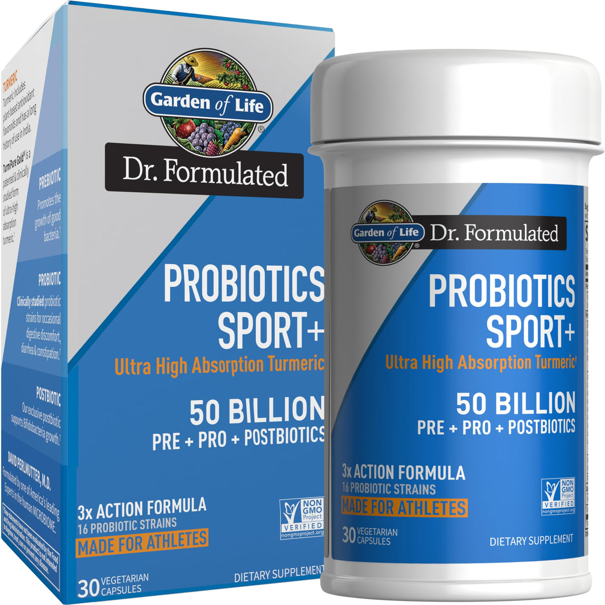 Garden of Life Sport Probiotics en botella con cápsulas para apoyo digestivo.