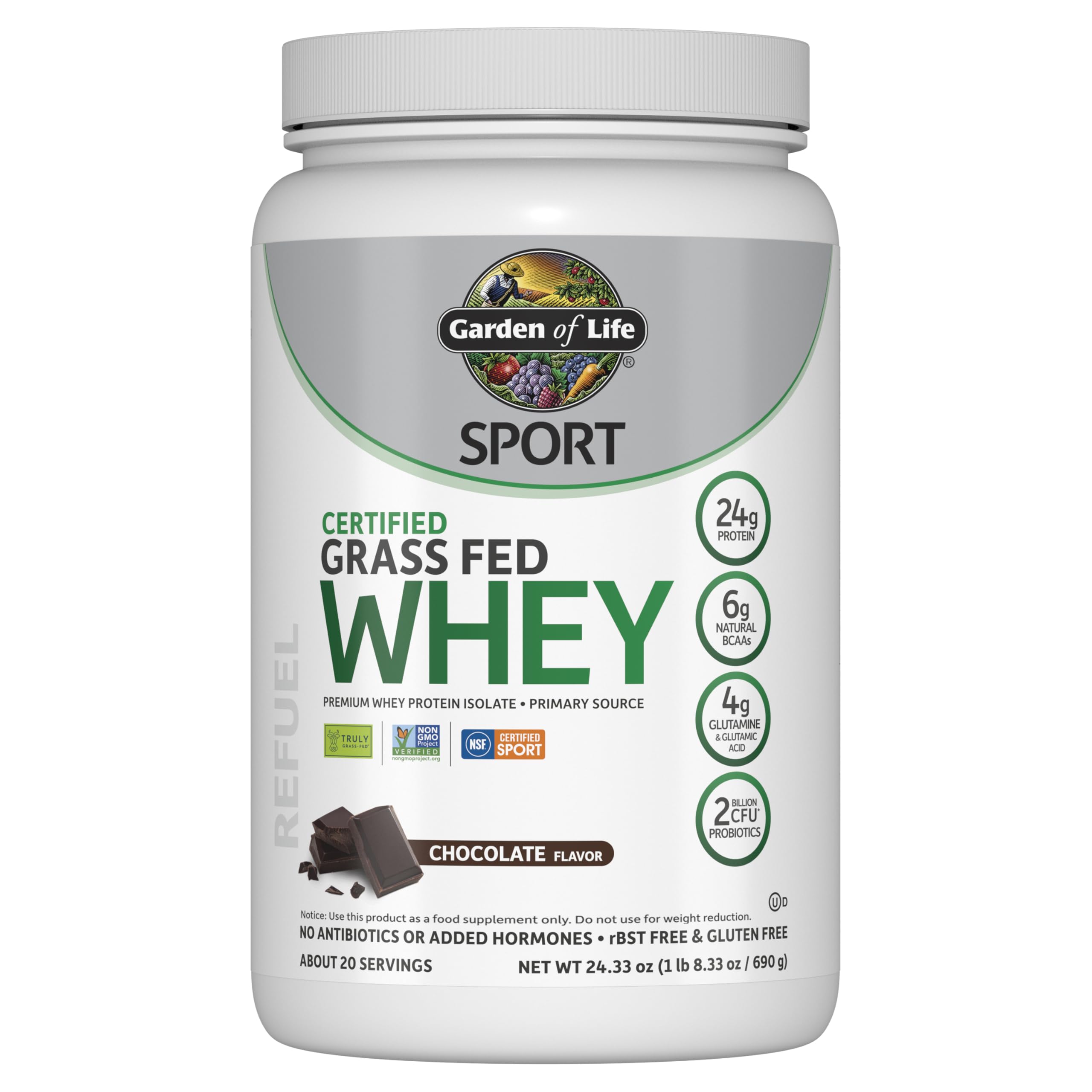 Garden of Life SPORT proteina de suero chocolate en envase para recuperación posentrenamiento