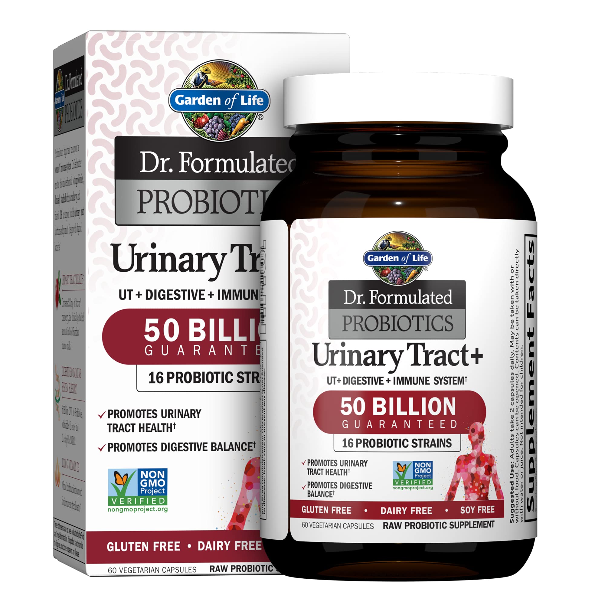 Garden of Life Urinary Tract+ – botella frontal, apoyo digestivo diario.