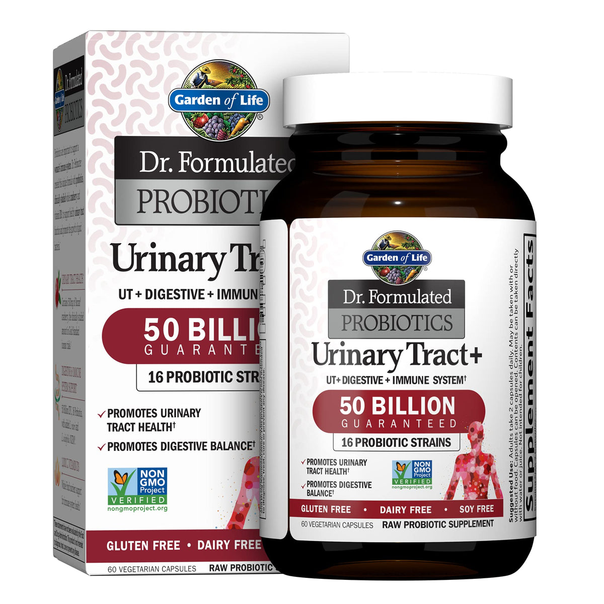 Garden of Life Urinary Tract+ – botella frontal, apoyo digestivo diario.