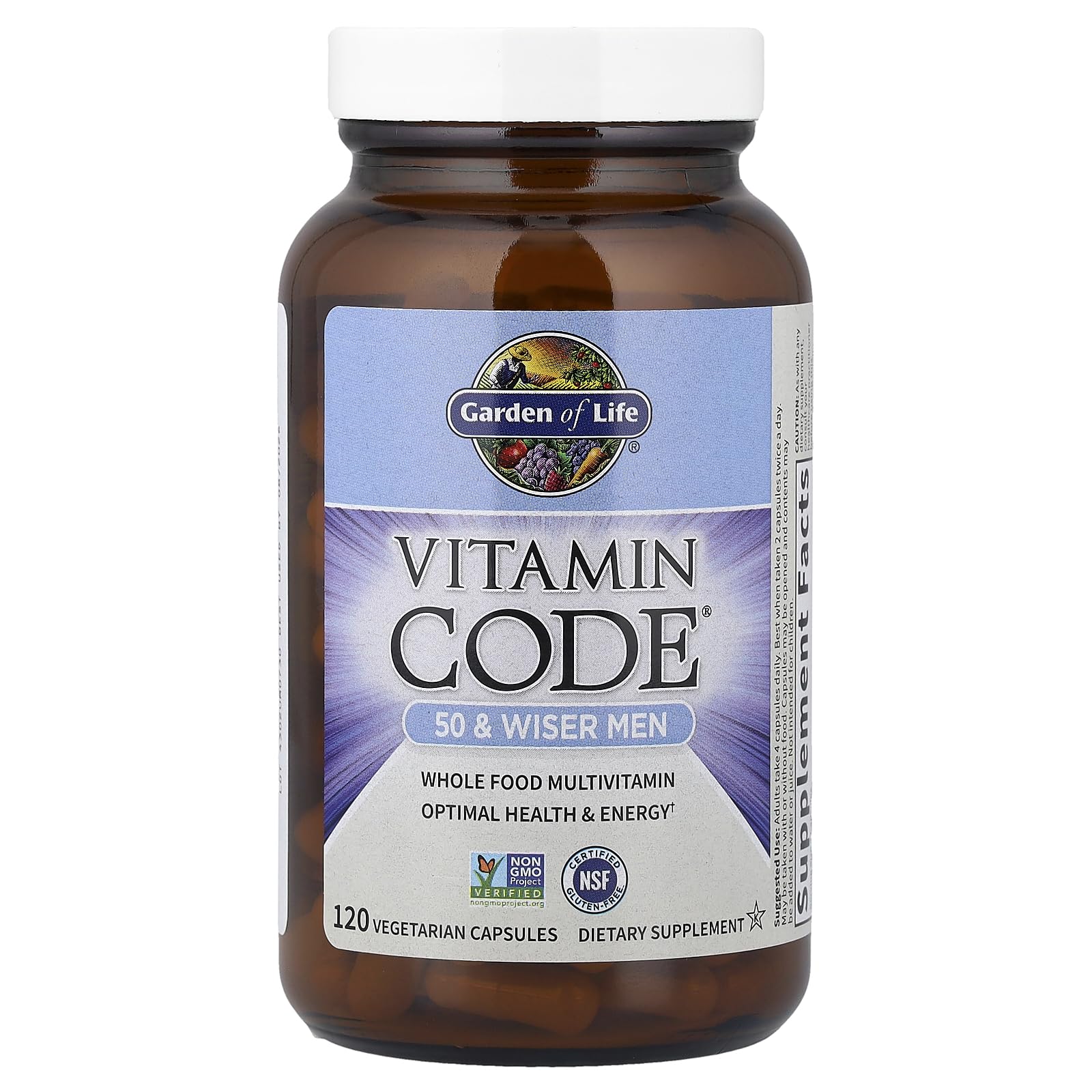 Etiqueta natural y colorida de Garden of Life Vitamin Code 50 & Wiser para confianza.