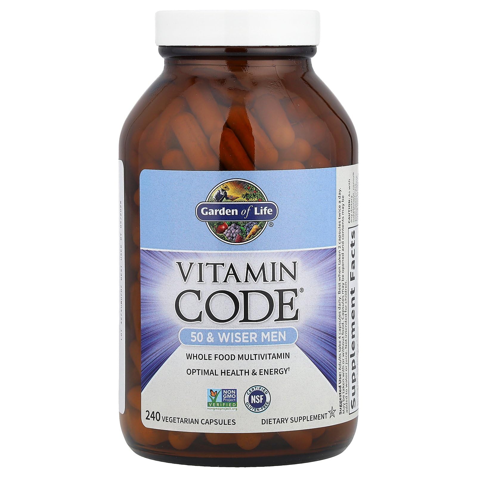 Garden of Life Vitamin Code 50 y Wiser, etiqueta con ingredientes de origen vegetal.