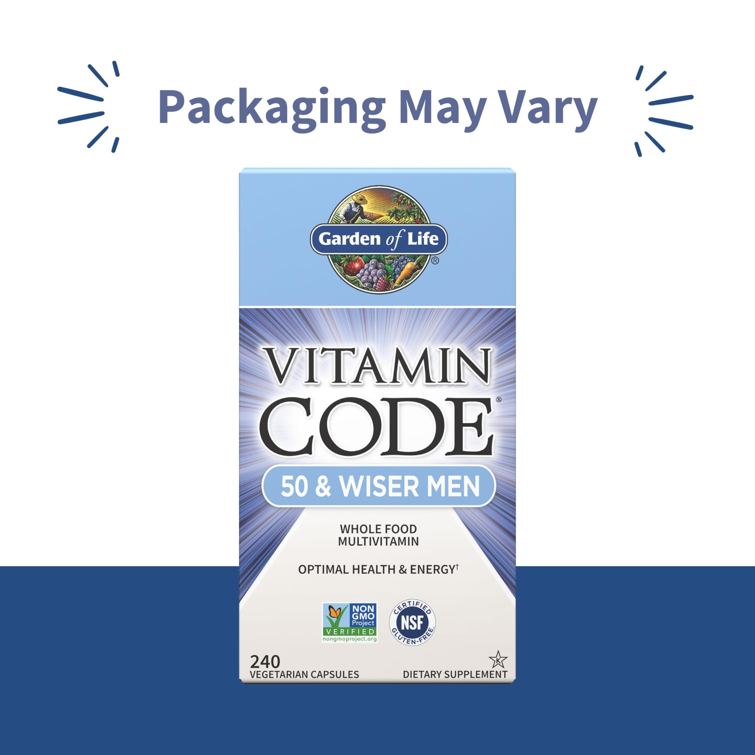 Garden of Life Vitamin Code 50 y Wiser, frasco de 240 cápsulas para hombres.