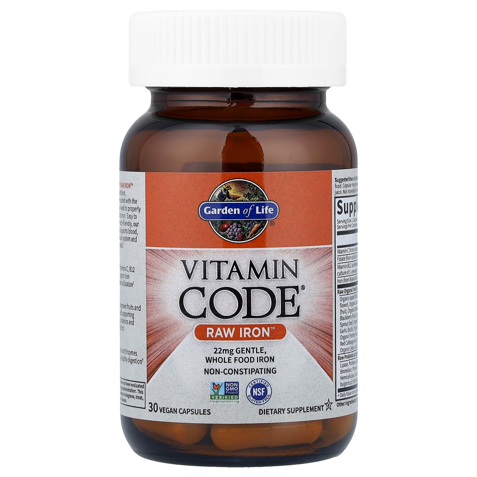 Garden of Life Vitamin Code RAW Hierro etiqueta con información de nutrientes.