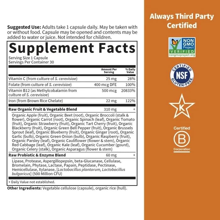 Garden of Life Vitamin Code RAW Hierro con probióticos y enzimas para digestión.