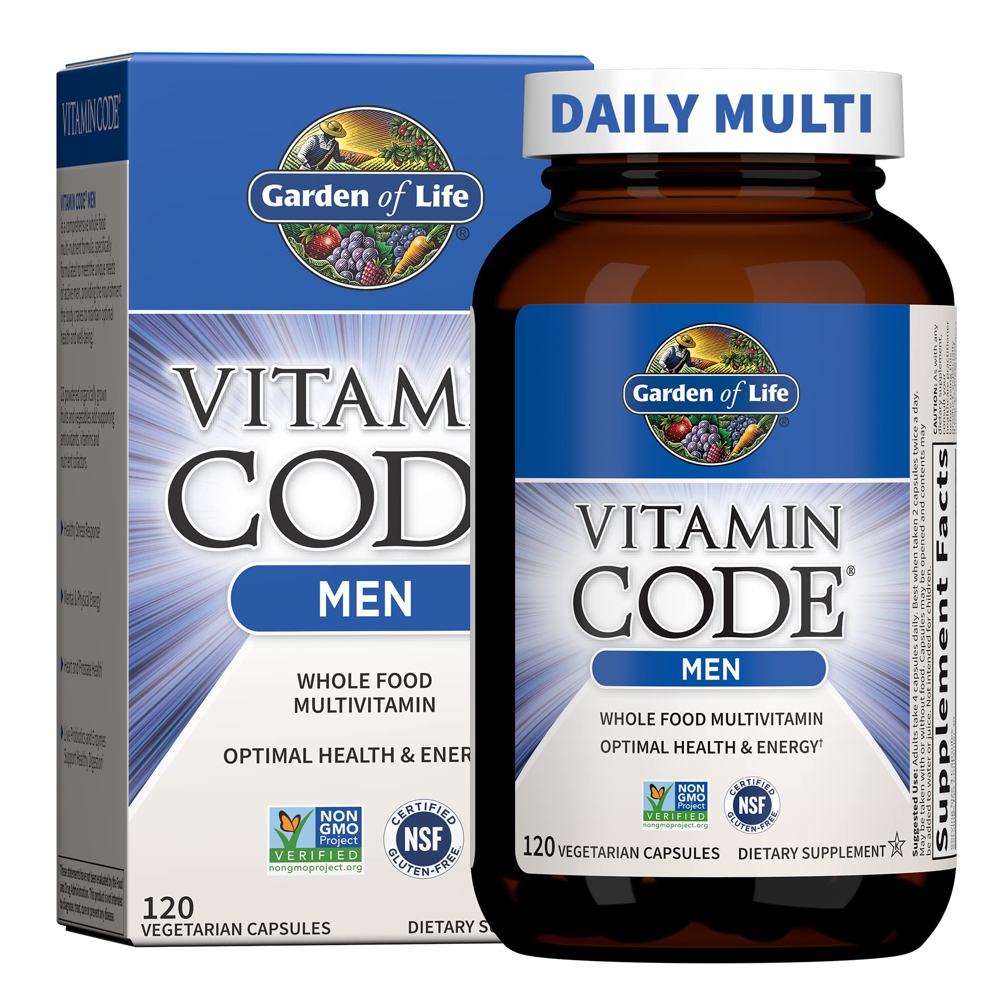 Garden of Life Vitamin Code para hombres, cápsulas frente, posible impulso diario de energía