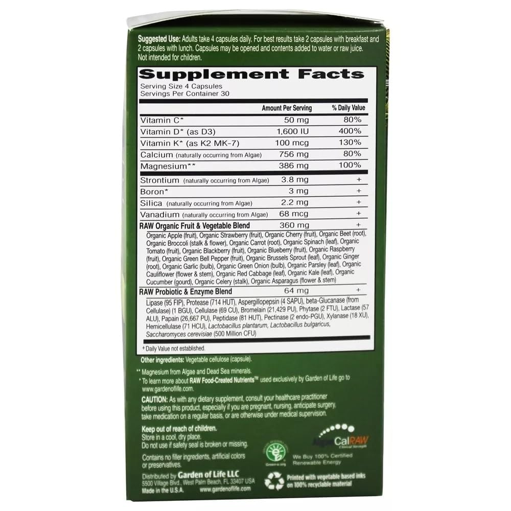 Garden of Life Vitamin Code RAW Calcium: ingredientes crudos vegetales como alfalfa y col rizada para nutrición diaria