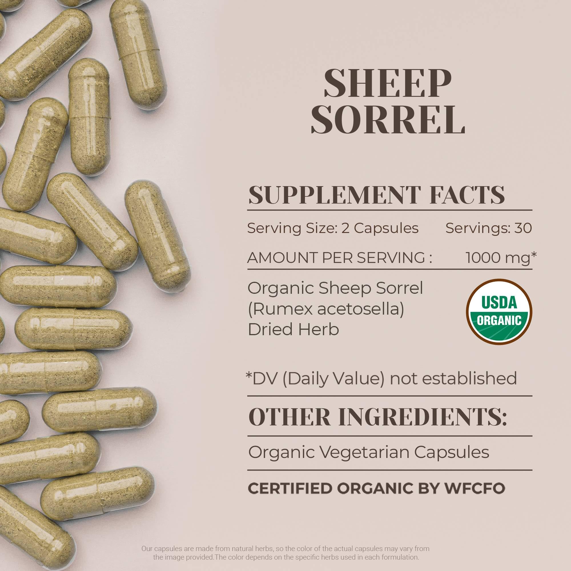 Garden Organics Sheep Sorrel cápsulas etiqueta orgánica clara, certificación visible.