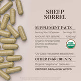 Garden Organics Sheep Sorrel cápsulas etiqueta orgánica clara, certificación visible.