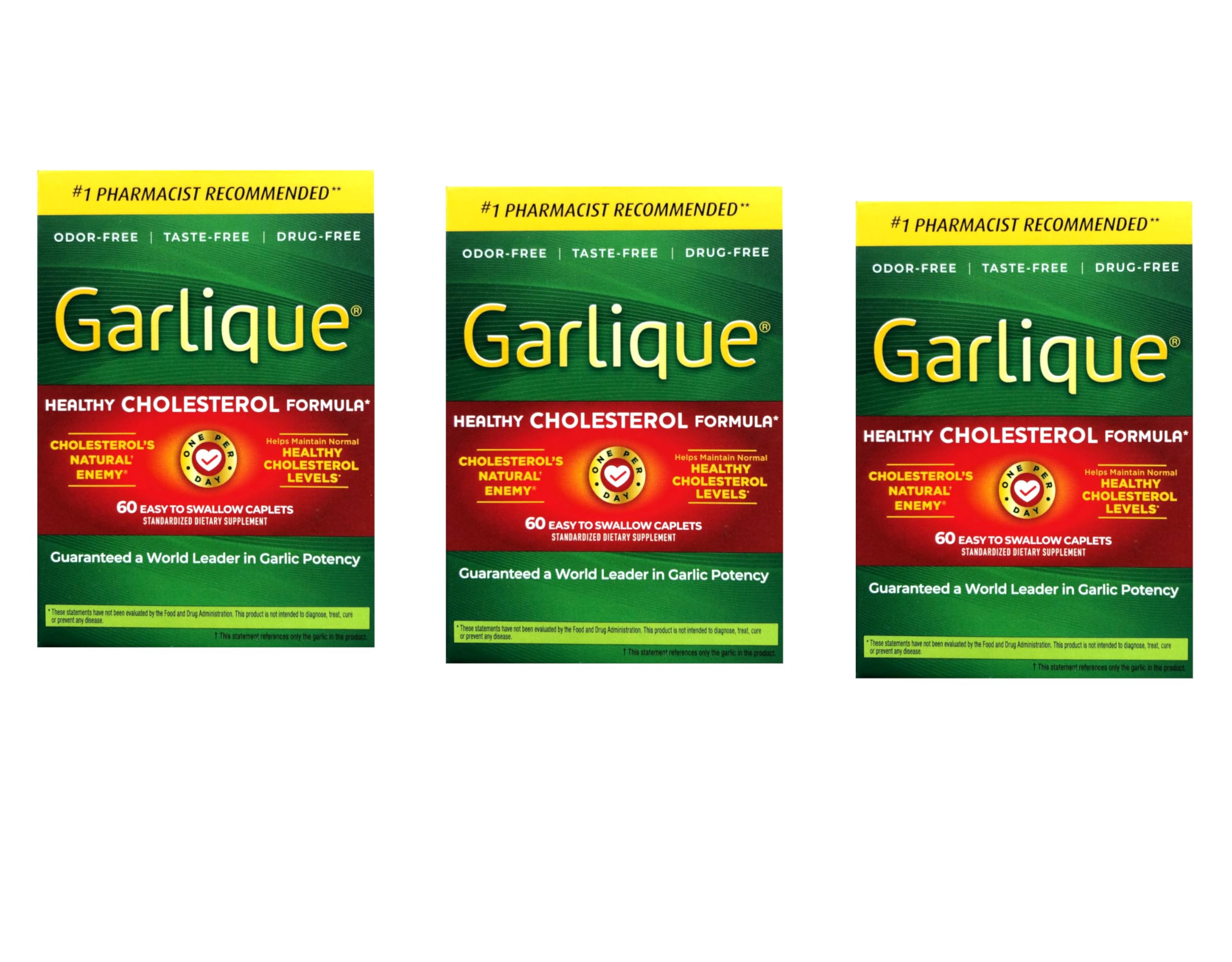 Garlique tabletas frente a la caja, pack de 3 para uso diario cómodo.