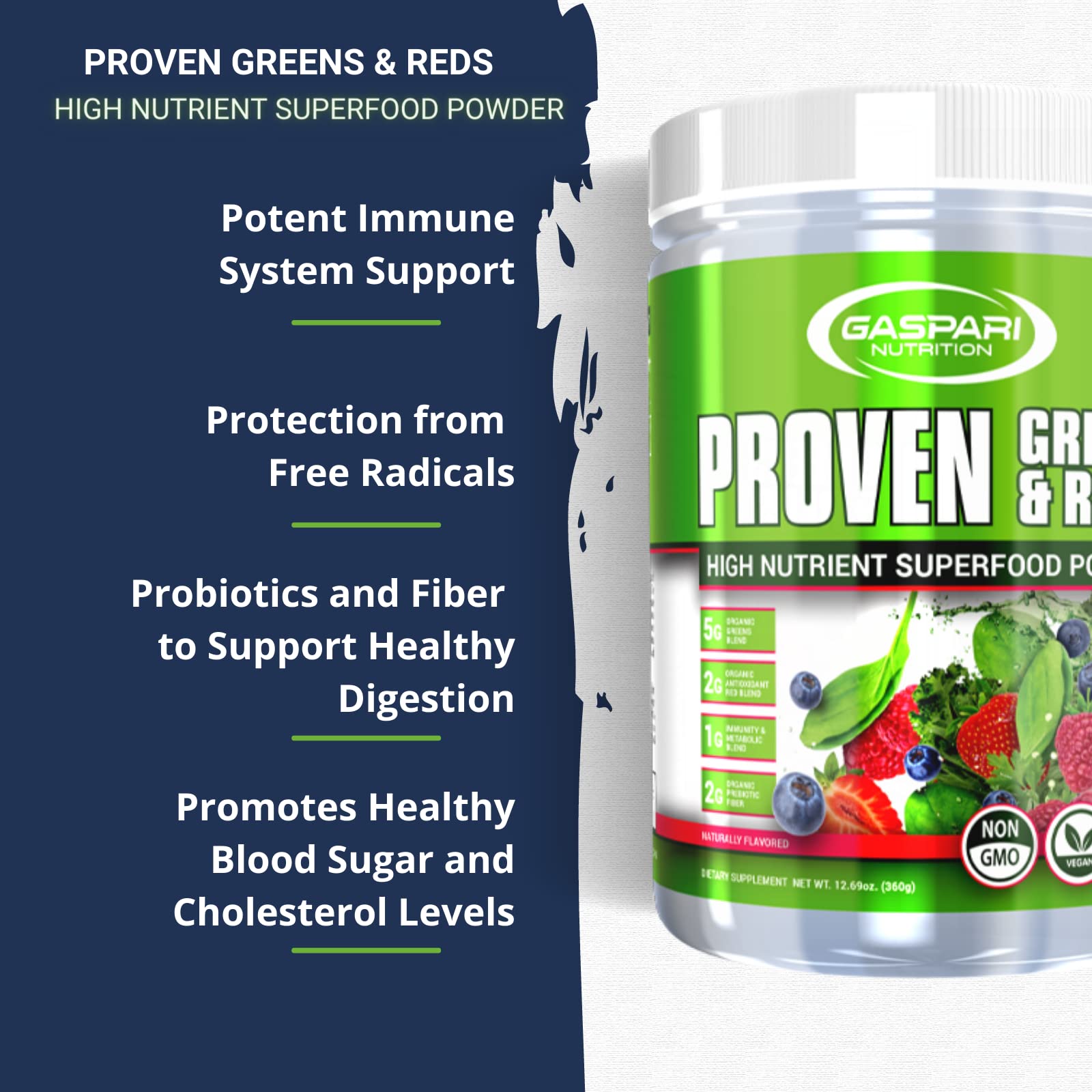 Gaspari Nutrition Greens & Reds, sabor fruta natural para una bebida rápida y agradable.