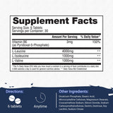 Gaspari AminoMax8000 etiqueta en primer plano, fórmula leucina-predominante para recuperación.