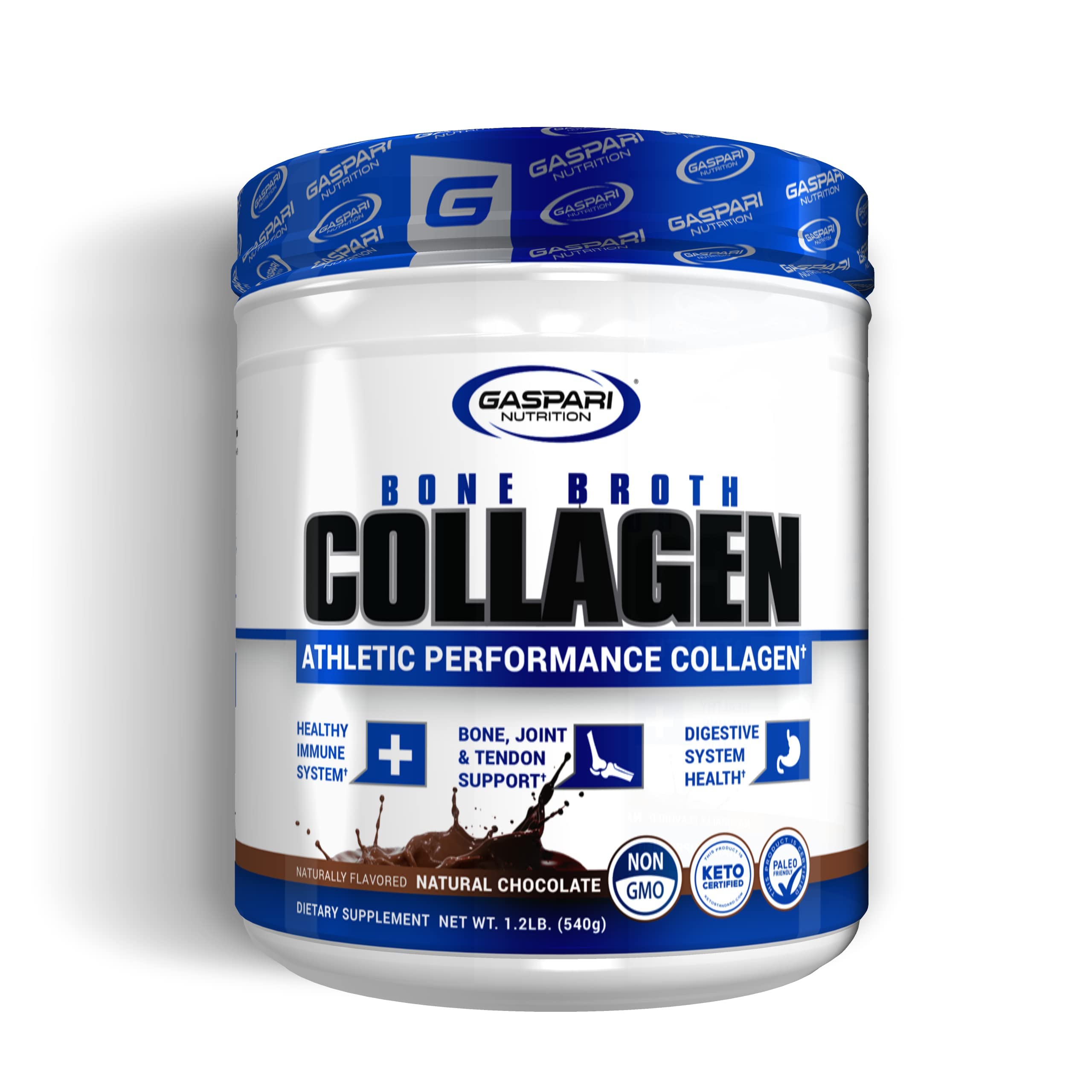 Gaspari Nutrition Caldo de Hueso en envase sabor chocolate natural para recuperación muscular
