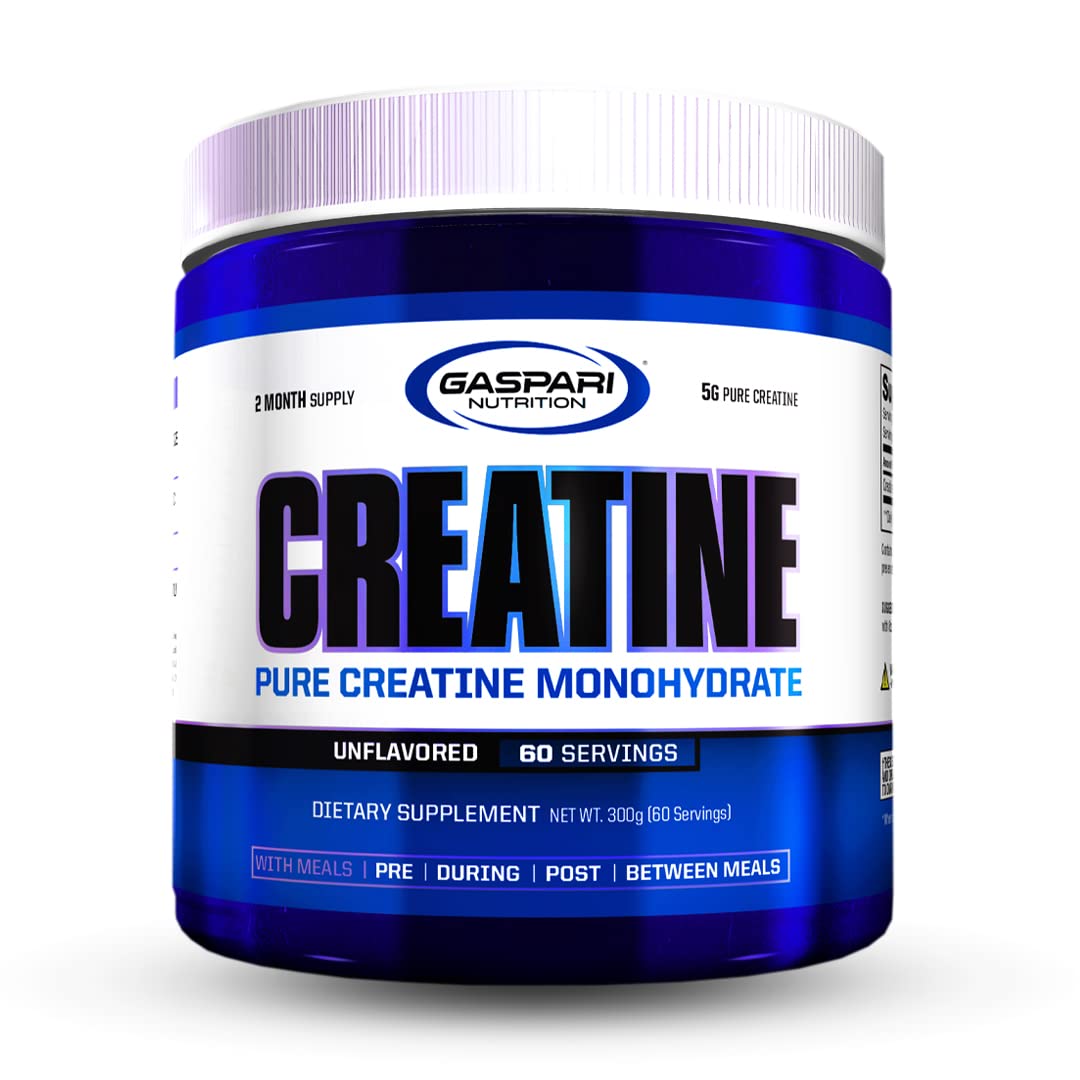Gaspari Nutrition Creatina Monohidrato pura frente de la lata, soporte para entrenamientos consistentes.