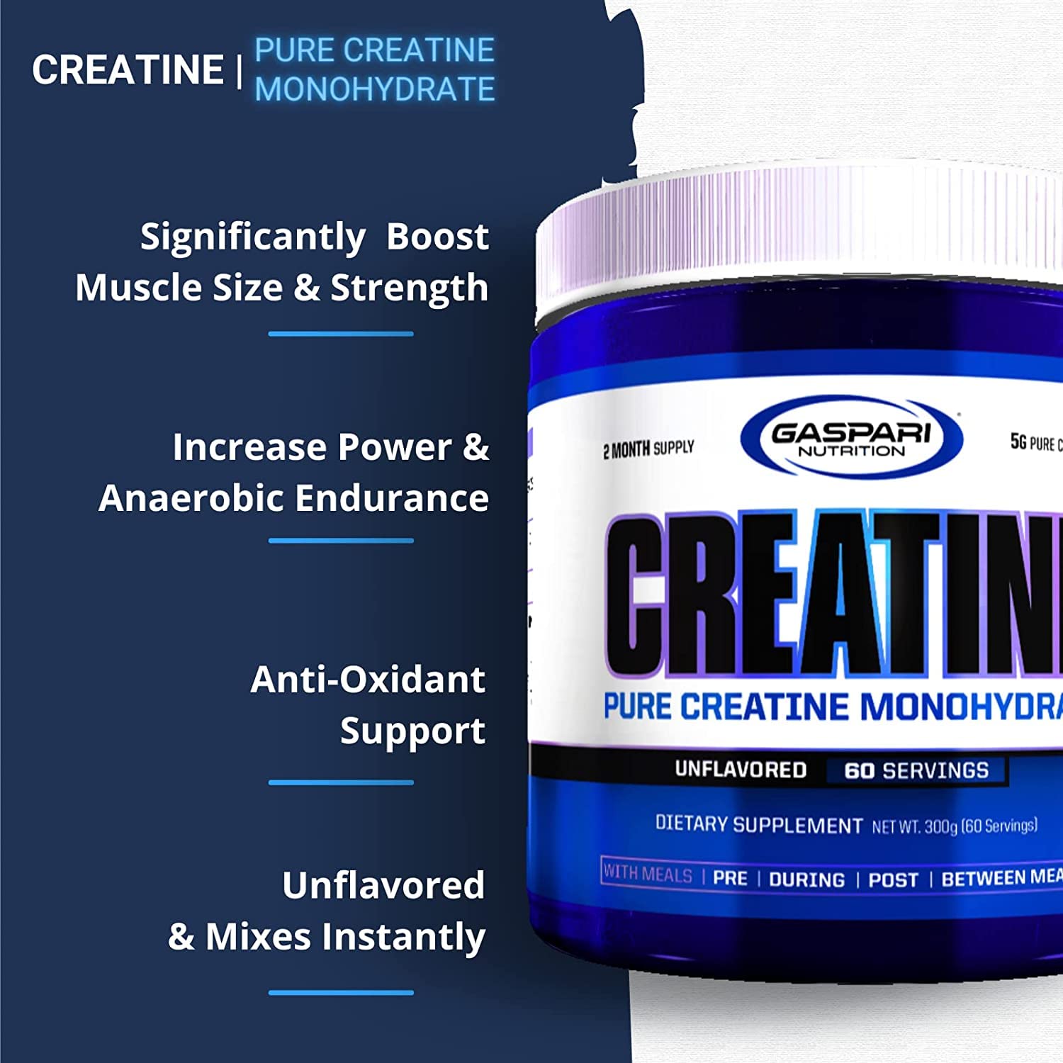 Gaspari Creatina Monohidrato pura, polvo sin sabor para entrenamientos de alta intensidad.