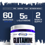 Gaspari Nutrition Glutamina: envase de 60 porciones para uso prolongado.