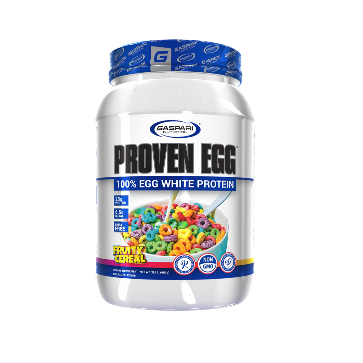 Gaspari Nutrition proteína de clara de huevo sabor cereal frutal, empaque visible