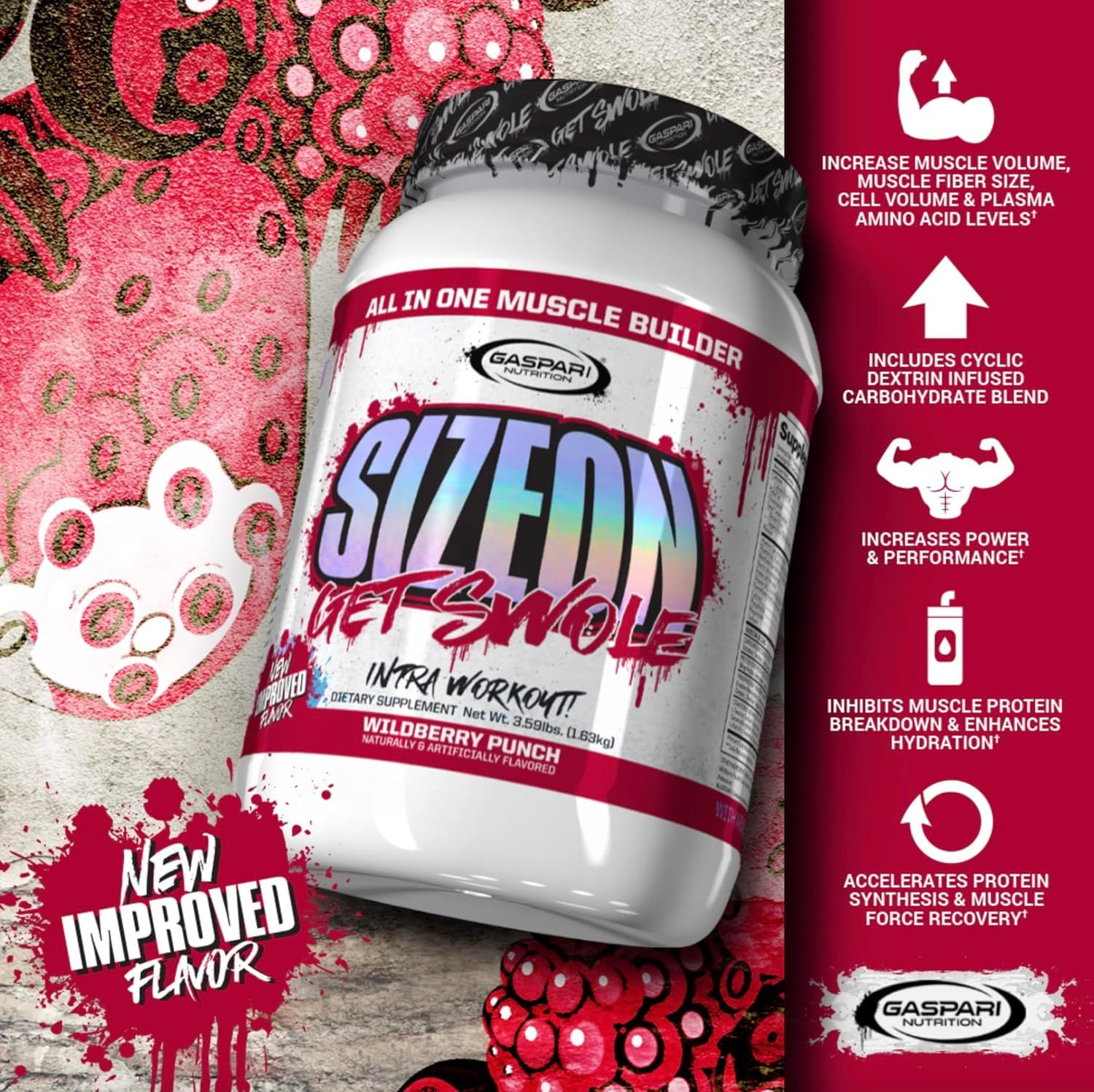 Gaspari SizeOn: cuchara medidora mostrando dosificación para apoyar la recuperación muscular.