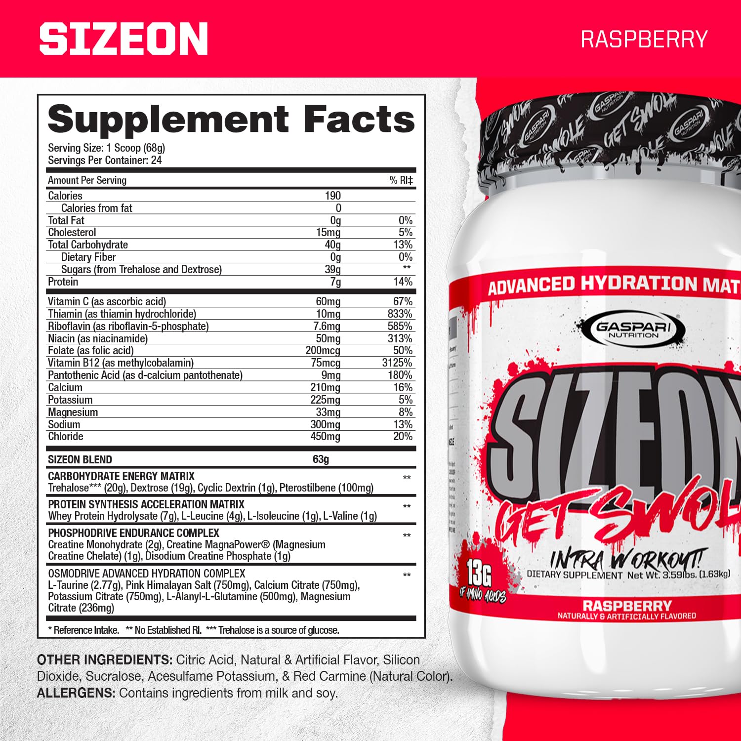 Gaspari SizeOn: etiqueta detallada destaca ingredientes clave para volumen muscular y energía sostenida.