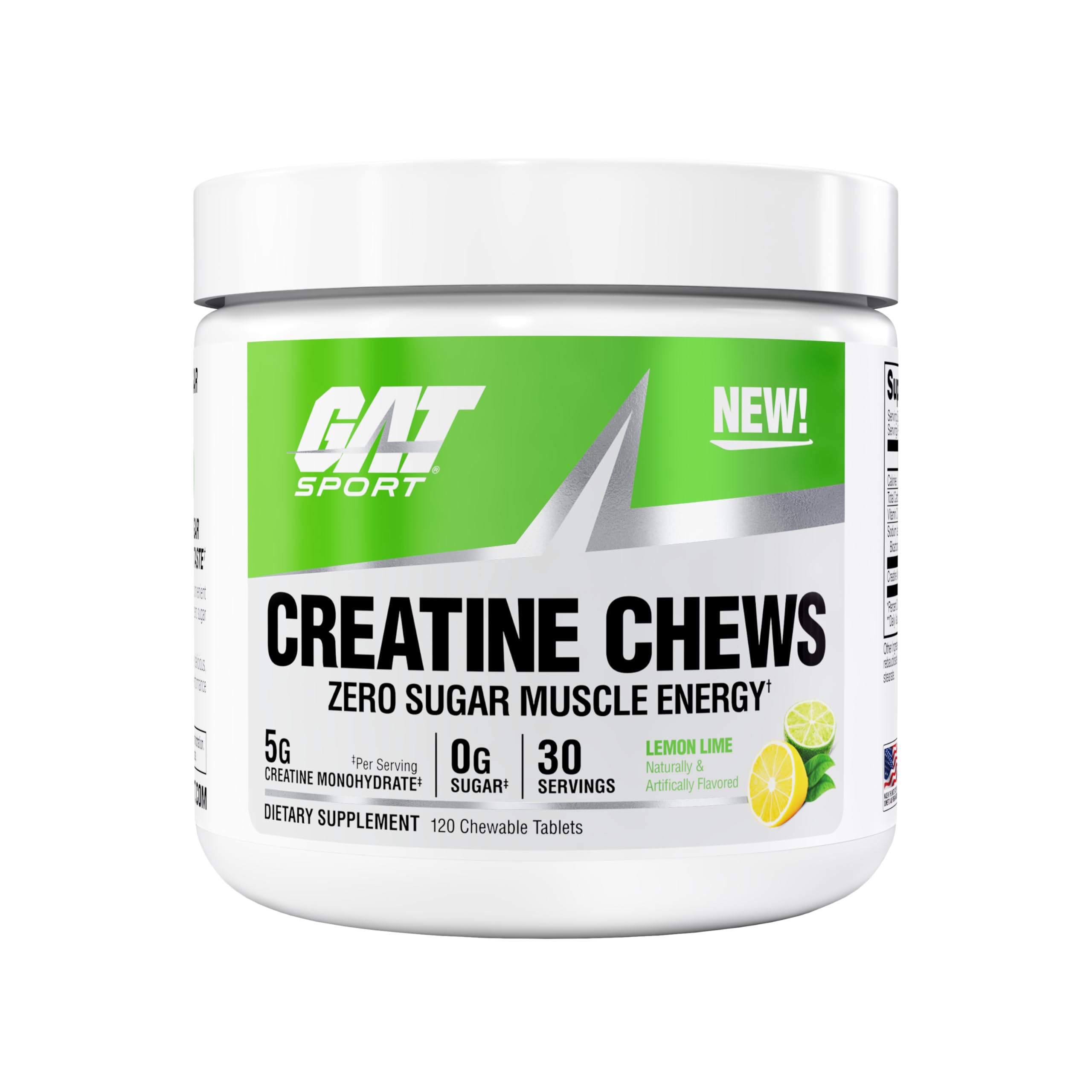 GAT SPORT Creatine Chews envase, sabor limón-lima, ideal para entrenamientos.