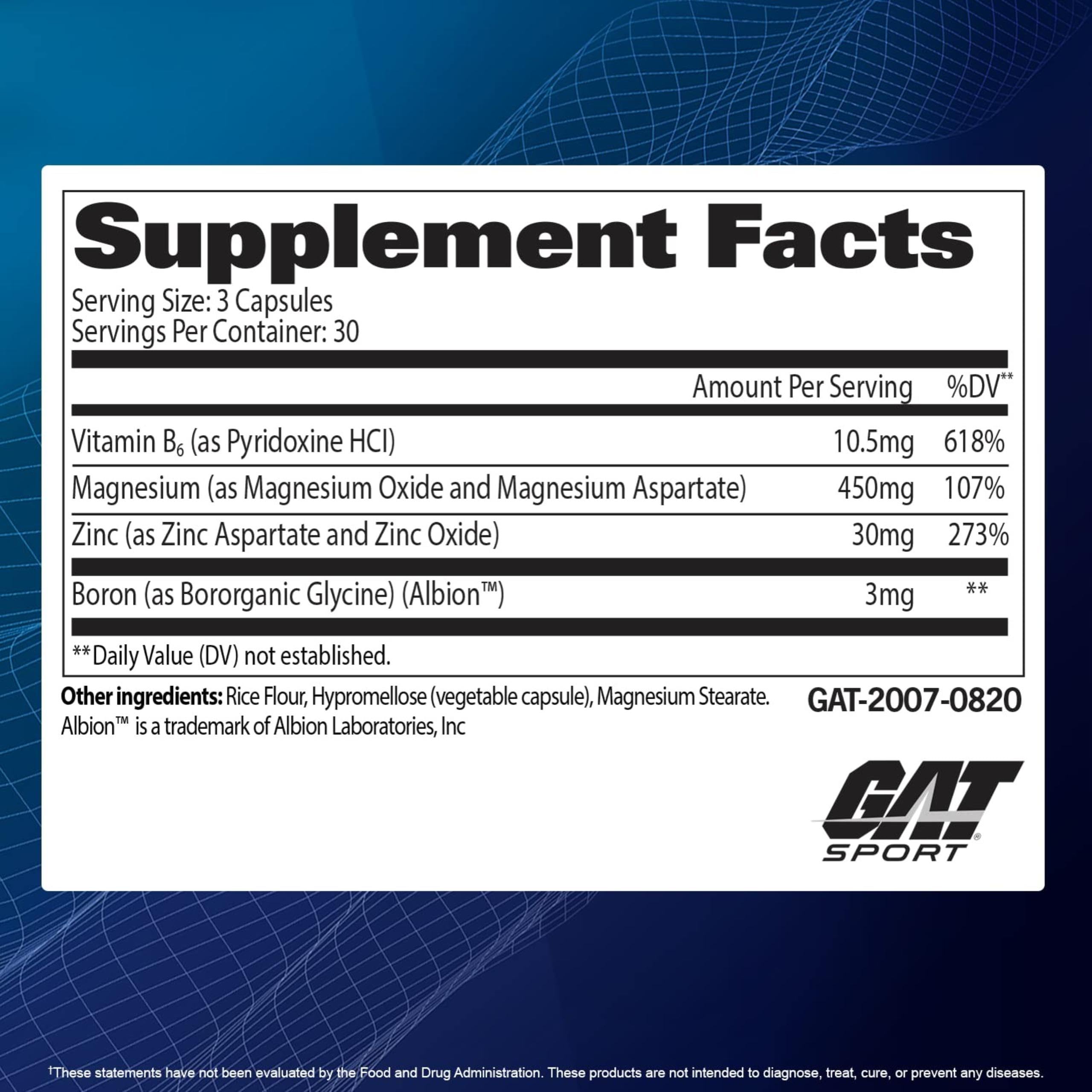 GAT Sport Essentials ZMAG-T: ingredientes y etiqueta visibles para soporte hormonal y recuperación muscular.